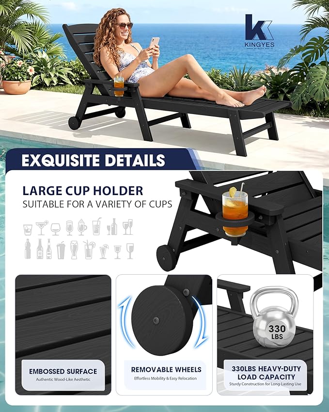 KINGYES HDPE Lounge Chair Outdoor Set of 4, Patio Chaise Lounge Recliner