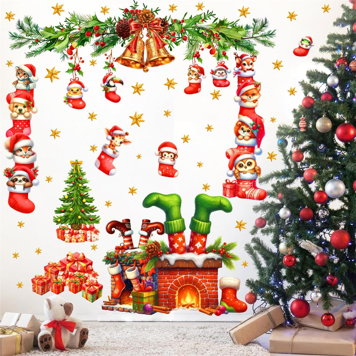 Christmas Fireplace Wall Decals Large Winter Pine Tree Branch Wall Stickers Xmas Bell Funny Animal Holiday Wall Decorations Removable Merry Christmas Wall Stickers Party Supplies