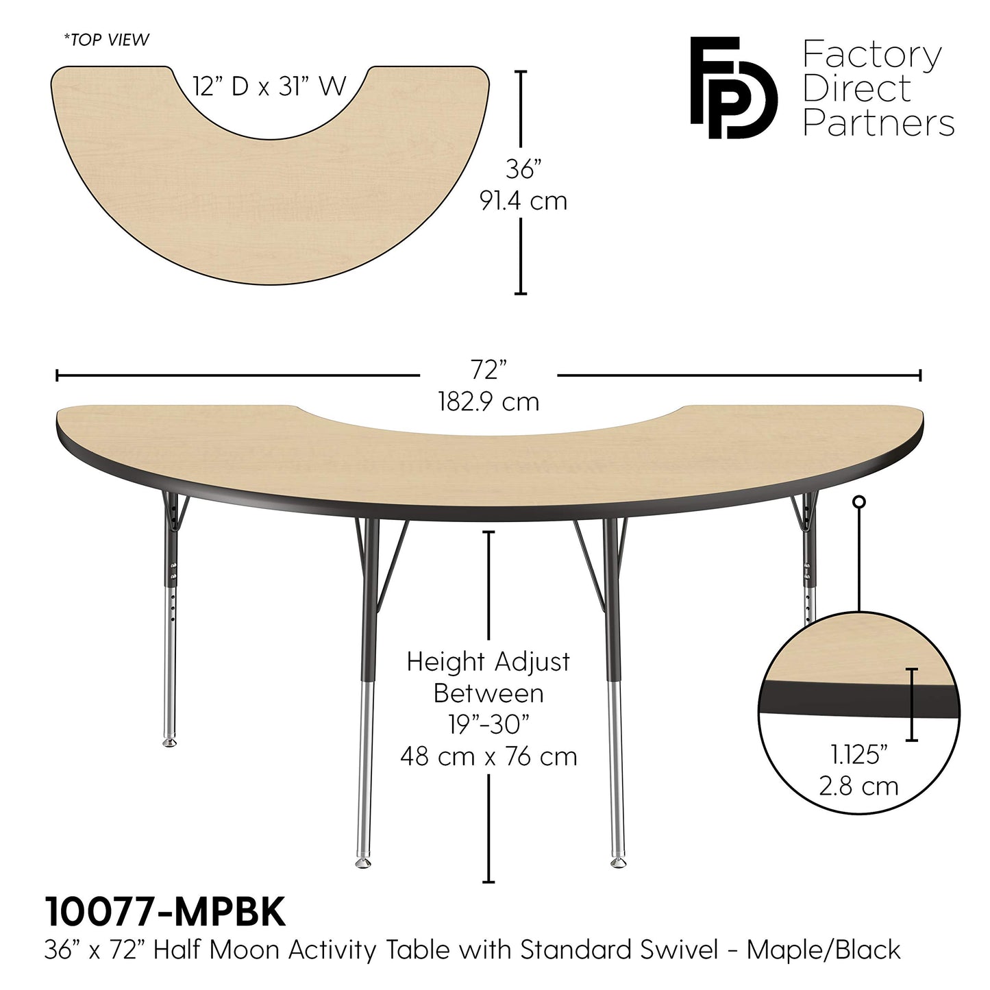 FDP Half Moon Activity School and Office Table (36 x 72 inch), Standard Legs with Swivel Glides for Collaborative Seating Environments, Adjustable Height 19-30 inches - Maple Top and Black Edge