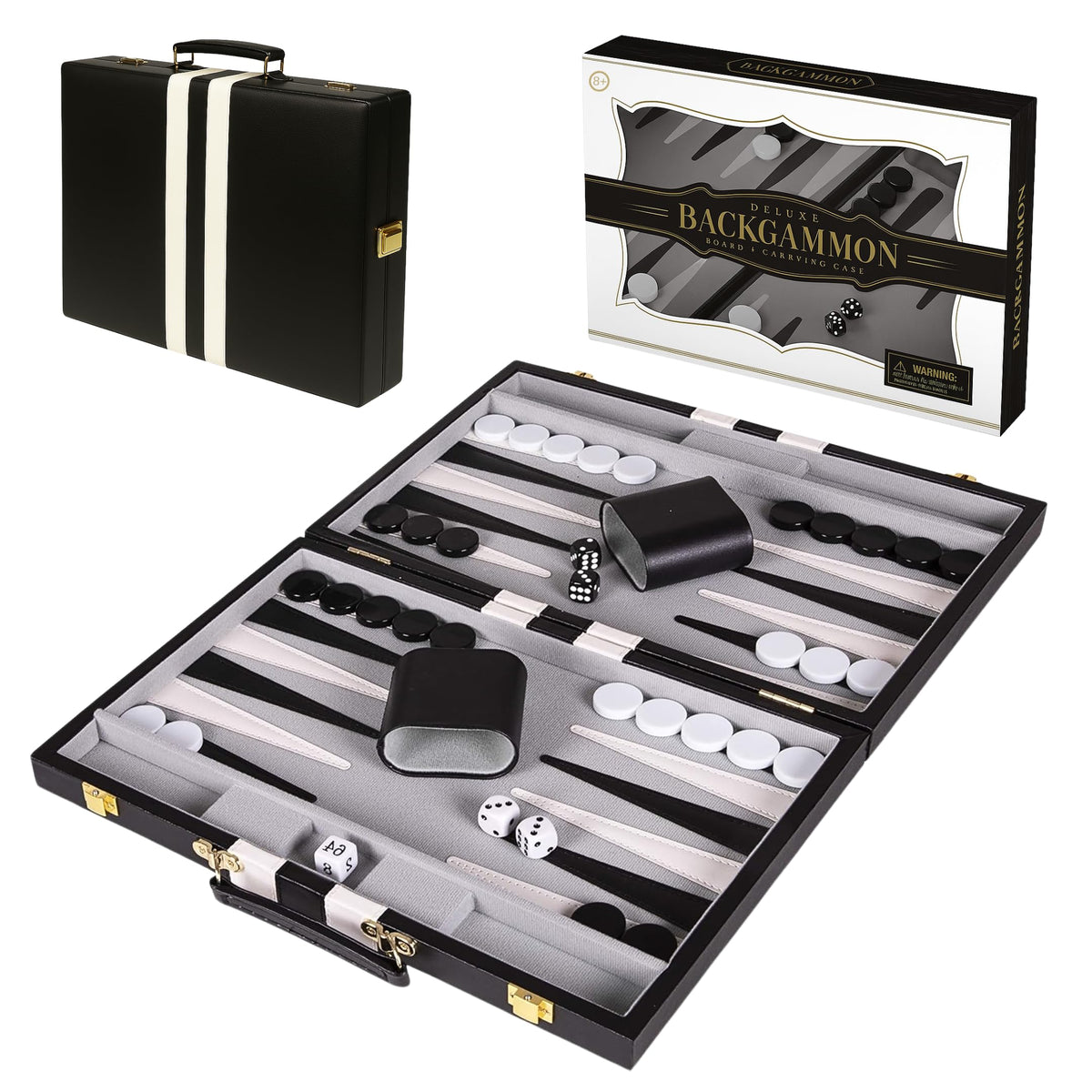 Crazy Games Premium 18 Inches Large Black - Backgammon Sets for Adults and Kids - Leatherette Back Gammon Board Game Set - Travel Backgammon Set Board Encased with Accessories