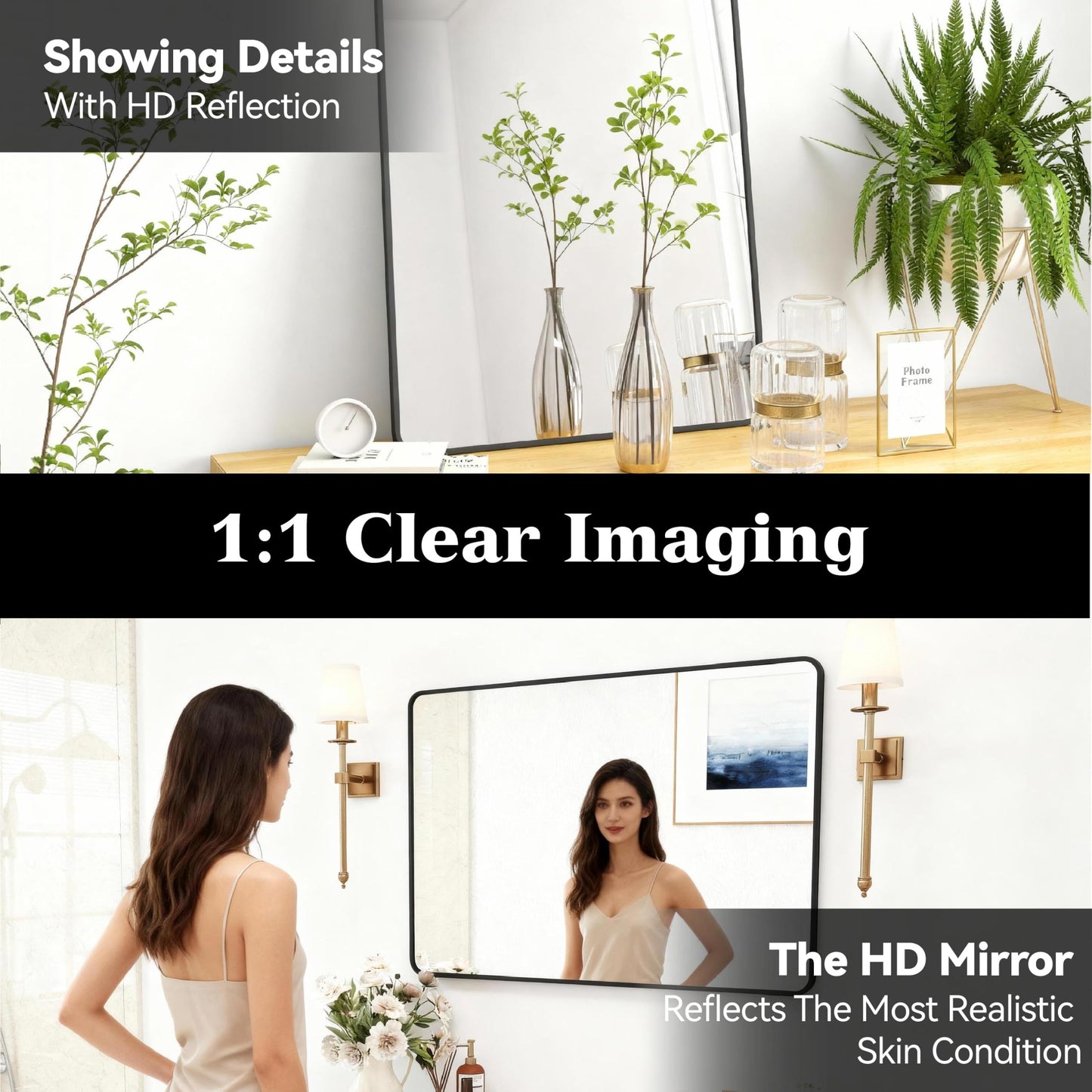 SCWF-GZ 24x36 Mirror Vanity Bathroom Wall Mounted Aluminum Alloy Metal Frame Dressing Round Rectangle Mirrors for Entryway Bedroom Living Room Horizontally or Vertically 36x24 inch Black