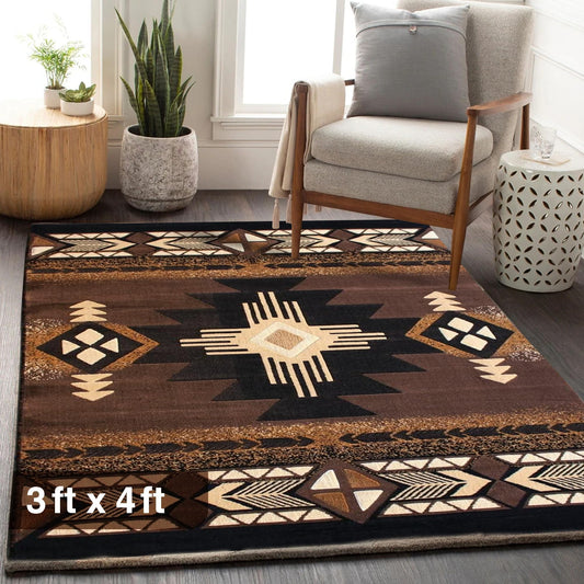 YHSF South West Native American Area Rug C318 - Easy Clean, Thick, Soft, Durable Native Tribal American Indian Inspired Rug for Bedroom/Living Room and more - Chocolate Brown, 3 Feet x 4 Feet 7 Inches
