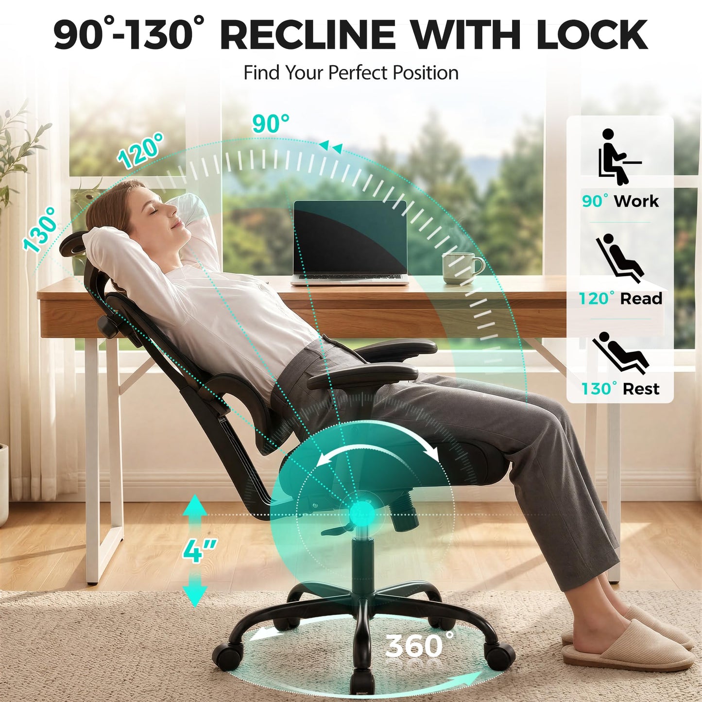 Ergonomic Office Chair High Back Desk Chair with Lumbar Support, Breathable Mesh Computer Chair with Adjustable Armrests Height, Reclining Swivel Big and Tall Gaming Chair for Home Office(Black)