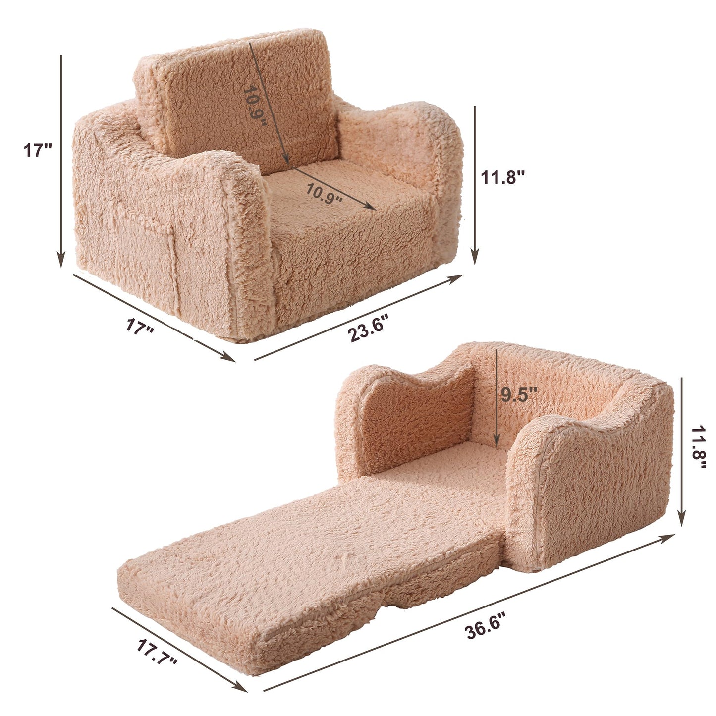 MAMAJOVE Toddler Couch 2-in-1 Flip Open Sherpa Kids Sofa Chair, Light Brown