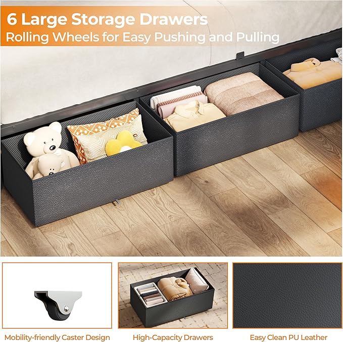 OURPIC Full Size Bed Frame, 2-Tier Storage Headboard & 6 Fabric Drawers