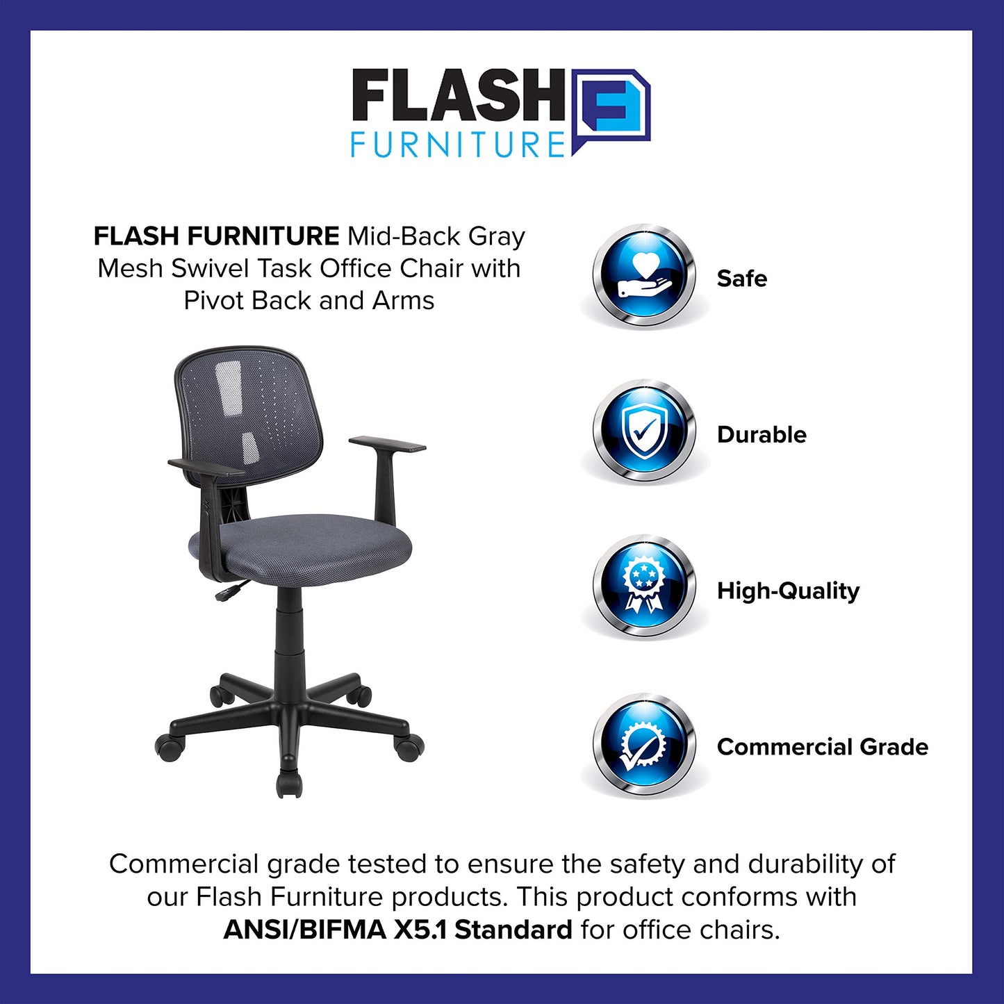 Flash Furniture Flash Fundamentals Mid-Back Gray Mesh Swivel Task Office Chair with Pivot Back and Arms