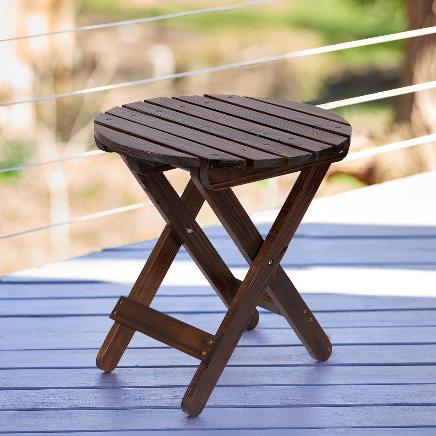 Shine Company Round Wooden Folding Solid Wood Side Table, Outdoor Adirondack Small Patio Table, Burnt Brown