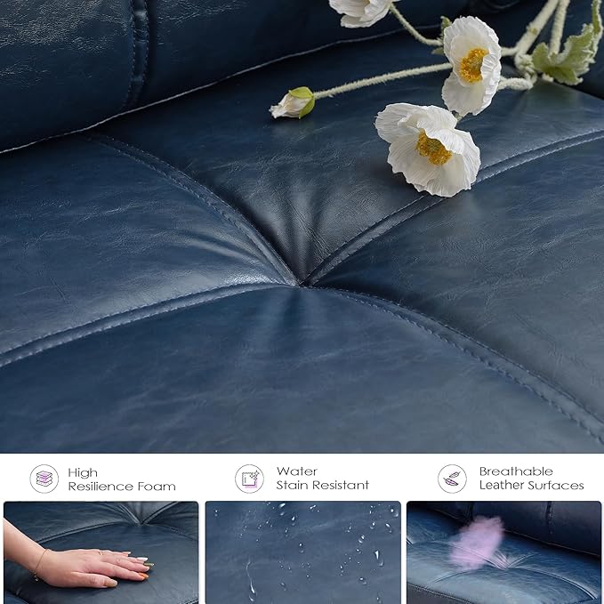 TYBOATLE 88" W Blue Faux Leather L Shaped Sectional Couches w/Side Pockets