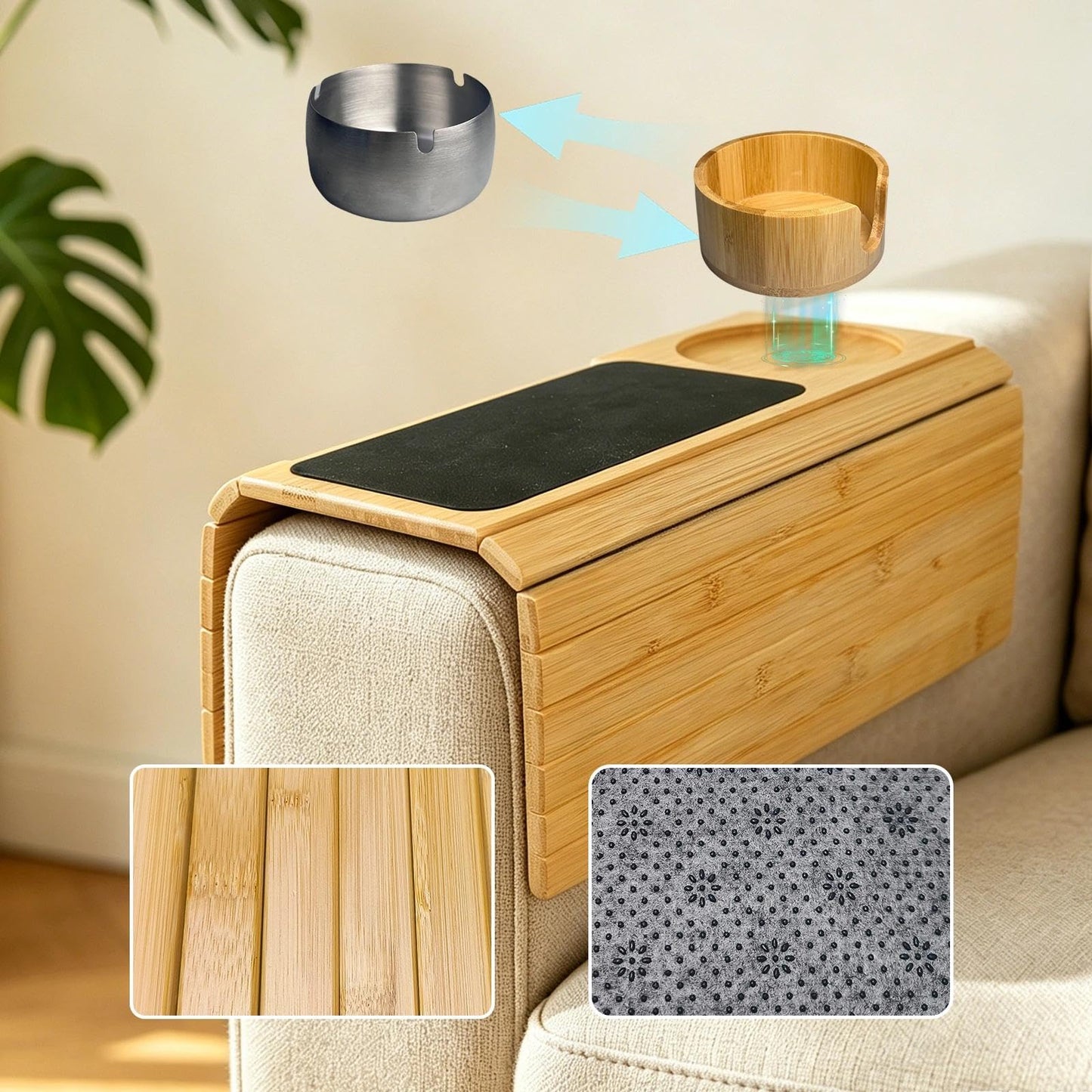 Couch Armrest Table with Cup Holder - 3-in-1 Magnetic Foldable Detachable