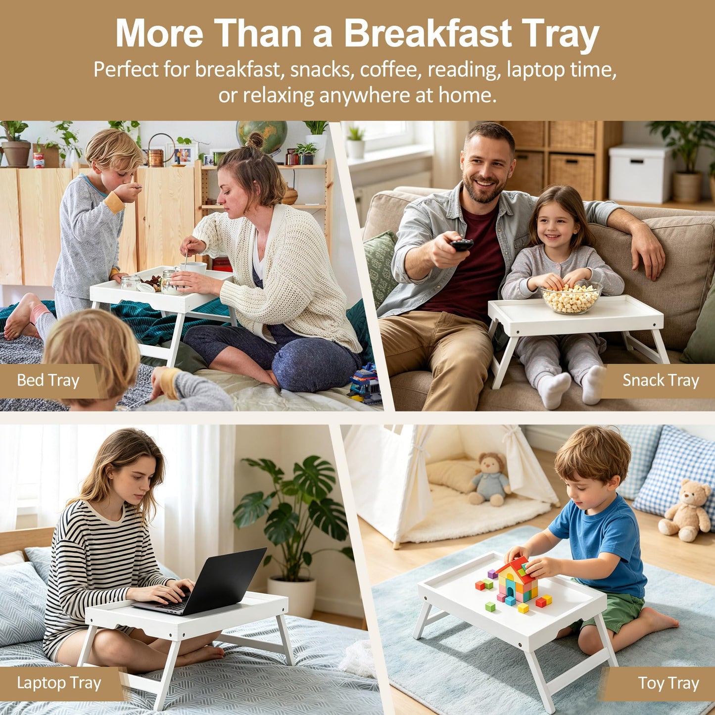 Breakfast Tray with Folding Legs Set of 2, Bamboo Bed Tray Table 15.7" Foldable TV Dinner Tray with Ergonomic Wave Handles for Bed Couch Sofa, Breakfast, Snacks, Coffee, White