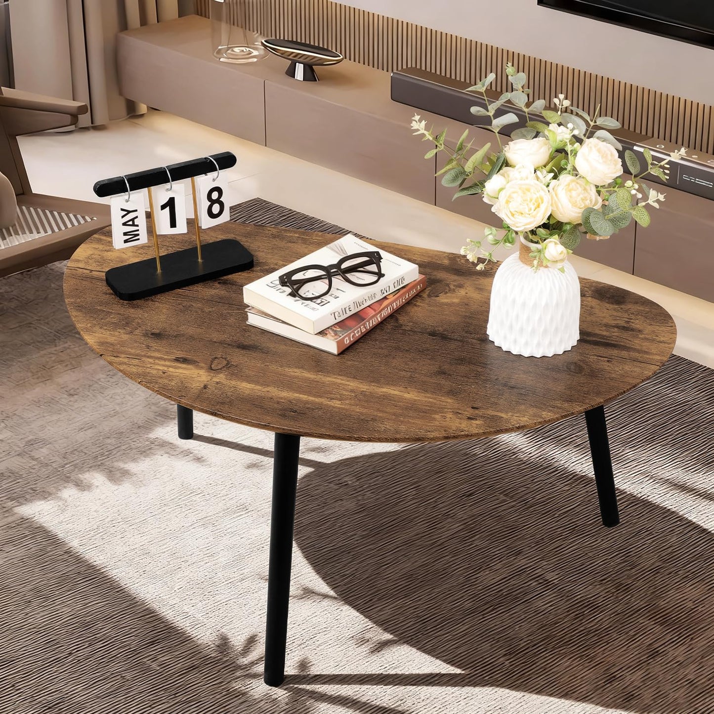WDSHIYI Small Oval Coffee Table Espresso Wood Mid Century Modern Coffee Tables Unique Retro Farmhouse Accent Center Sofa Rustic Table for Living Room 34"x19"x16"
