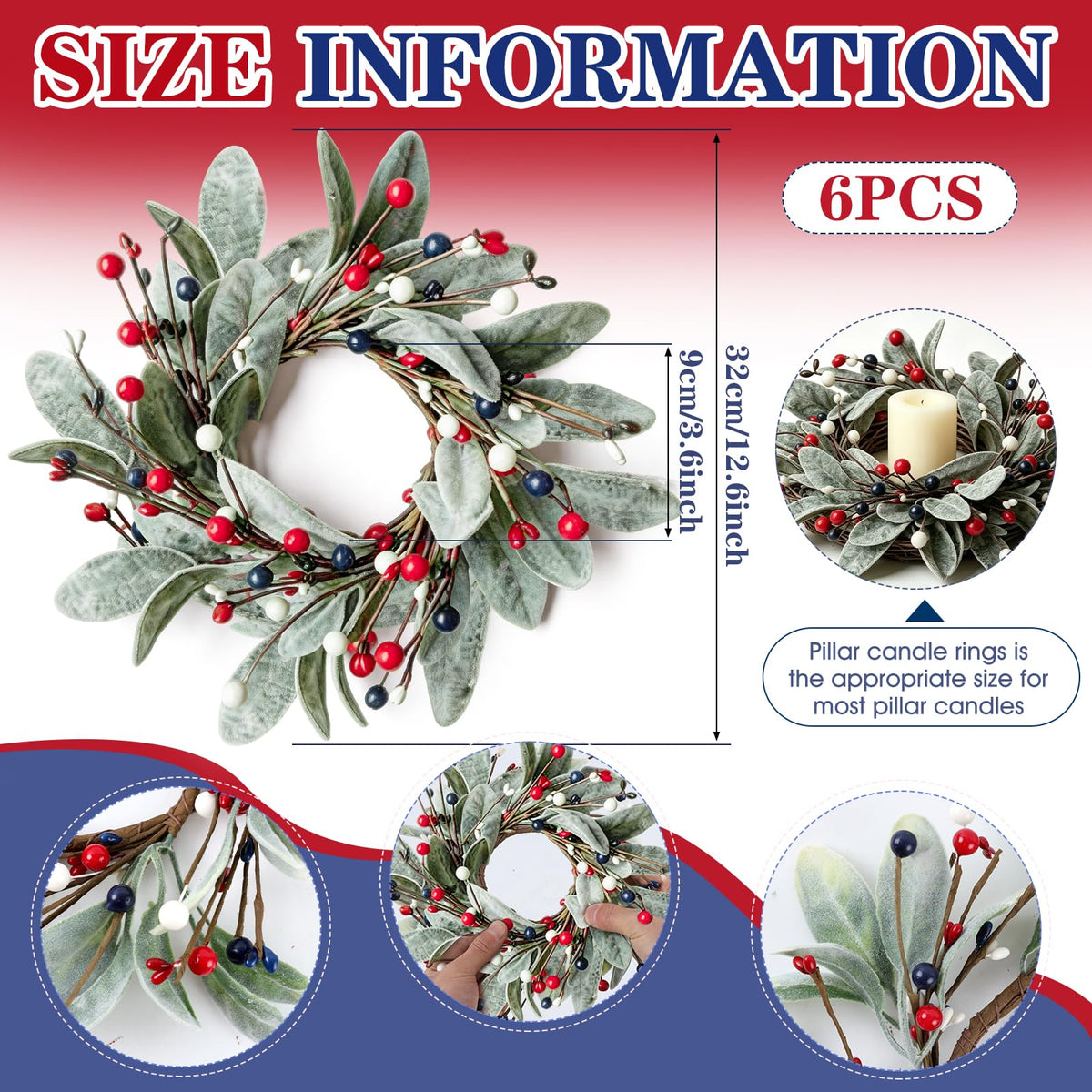 6 PCS Patriotic 4th of July Candle Rings Wreaths Independence Day Candle Rings Holder with Red White Blue Berries & Lamb's Leaves Mini Memorial Day Labor Day Wreath for Home Table Centerpiece Decor