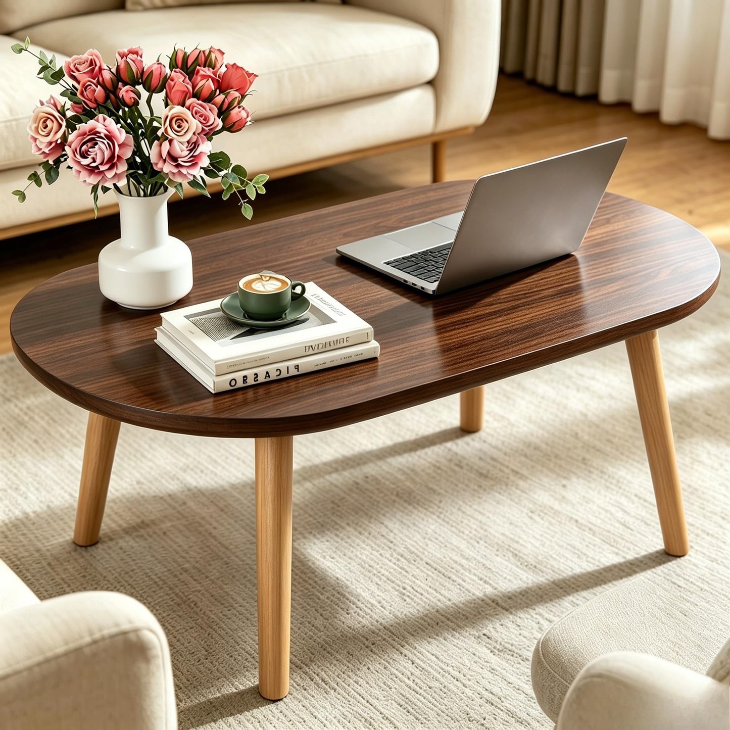 Coffee Table, 31.5" Modern Low Table with Solid Wood Legs, Floor Table Desk for Sitting on The Floor, Easy Assembly Small Space Coffee Table for Living Room, Apartment, Office (Large Oval BlackNut)