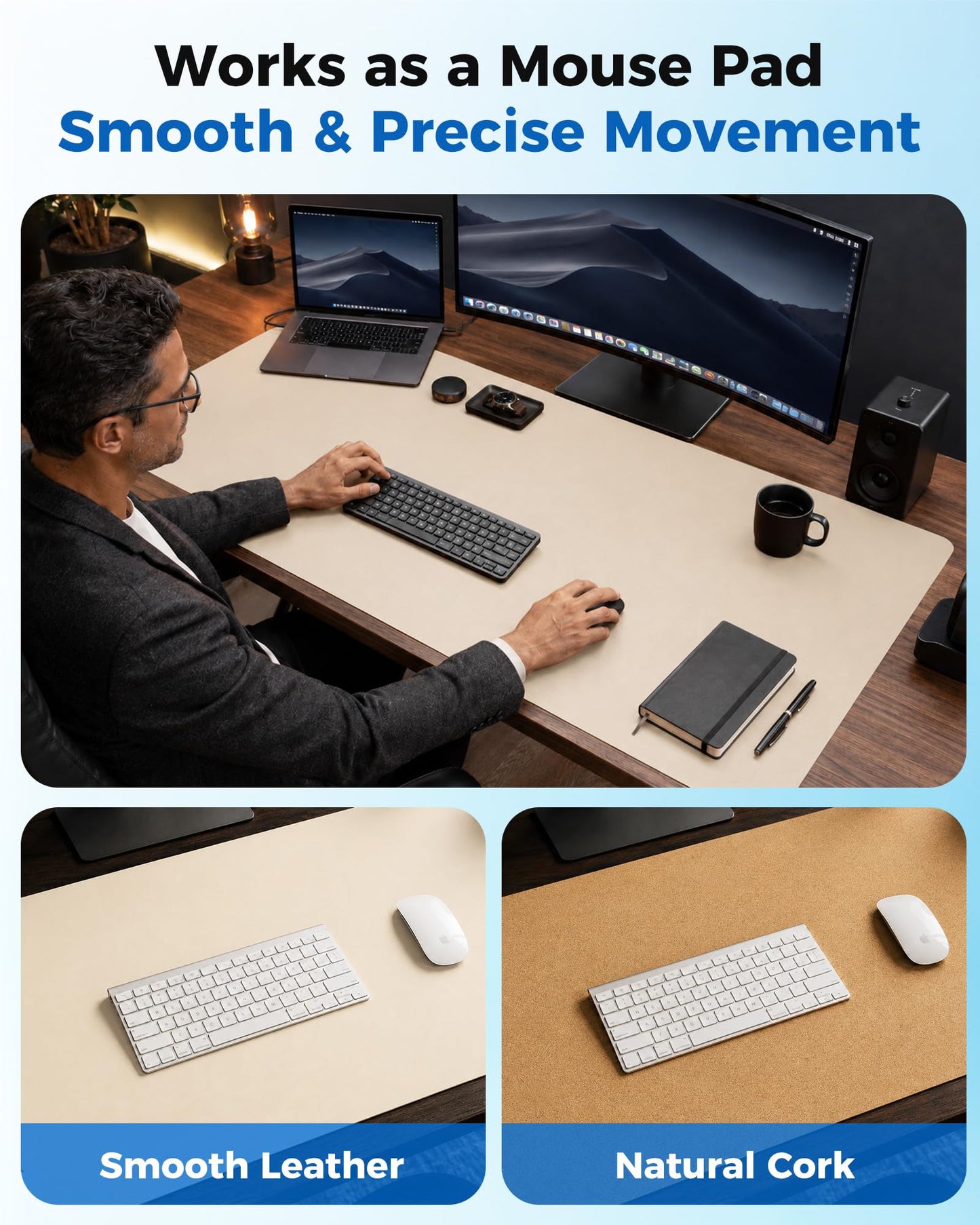 Aothia Dual-Sided Desk Mat - Leather & Cork Desk Protector, Large Mouse Pad & Writing Pad for Office/Home, Waterproof, Beige (35.4" x 15.7")