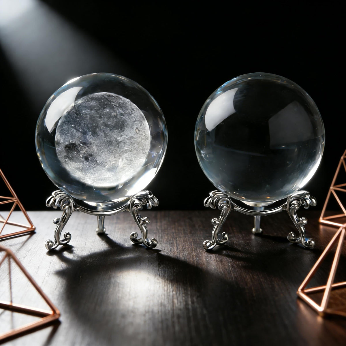 vskikris 2pcs Crystal Balls and 2 Silver Stands - 1 Clear and 1 3D Laser Moon Crystal Ball Paper Weights Collectible Figurines Gifts Photography Prop Home & Party Decor
