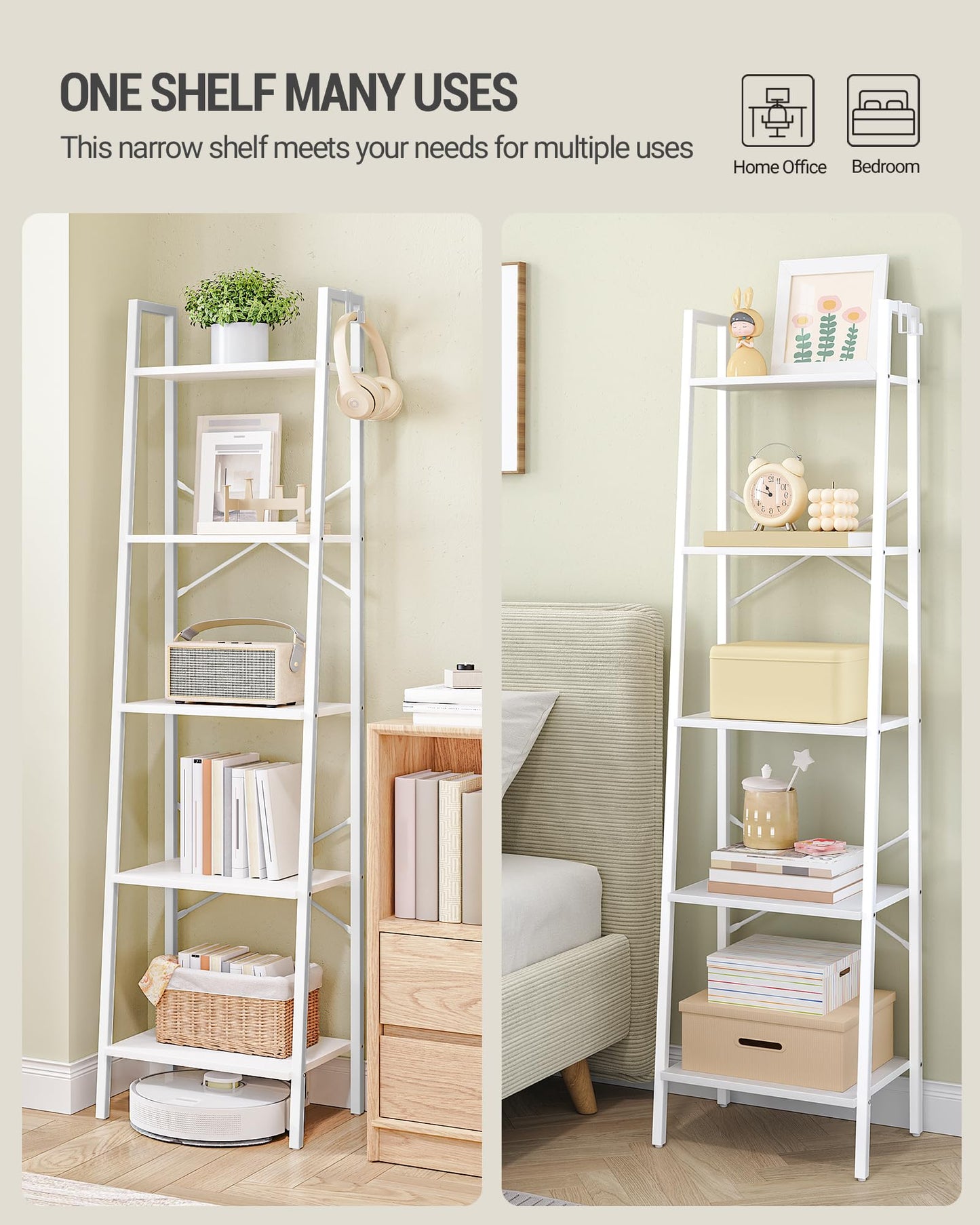 Hzuaneri Ladder Shelf, Bookshelf Bookcase, Freestanding Corner Storage Shelve with 2 Hooks for Home Office, Living Room, Kitchen, Bedroom, Industrial, 11.8" D x 17.3" W x 63" H, White BC19213W