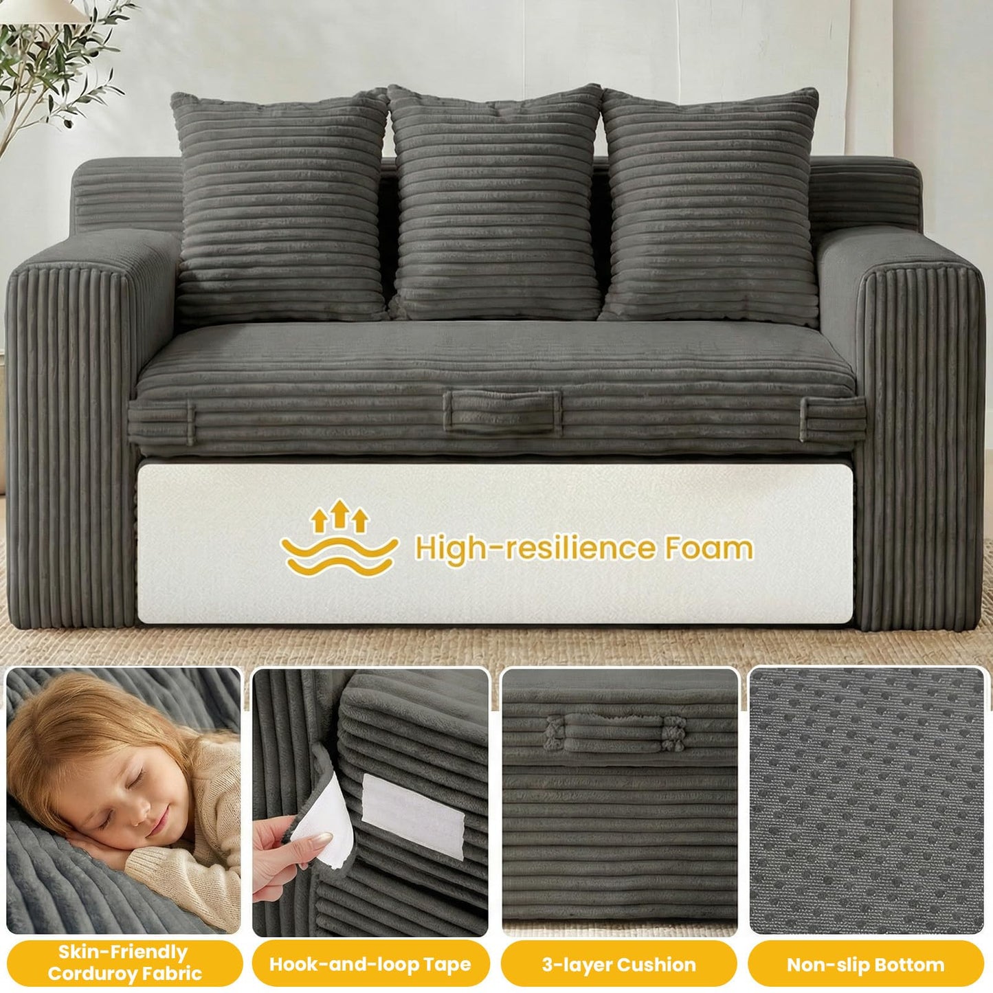 Boneless Couch,3 Seater Boneless Couch Bed – 3-in-1 Convertible Sleeper Sofa with Side Pockets & Handle,Pull Out Corduroy Futon for Small Space,Living Room & Bedroom, 3 Pillows Included,No Assembly