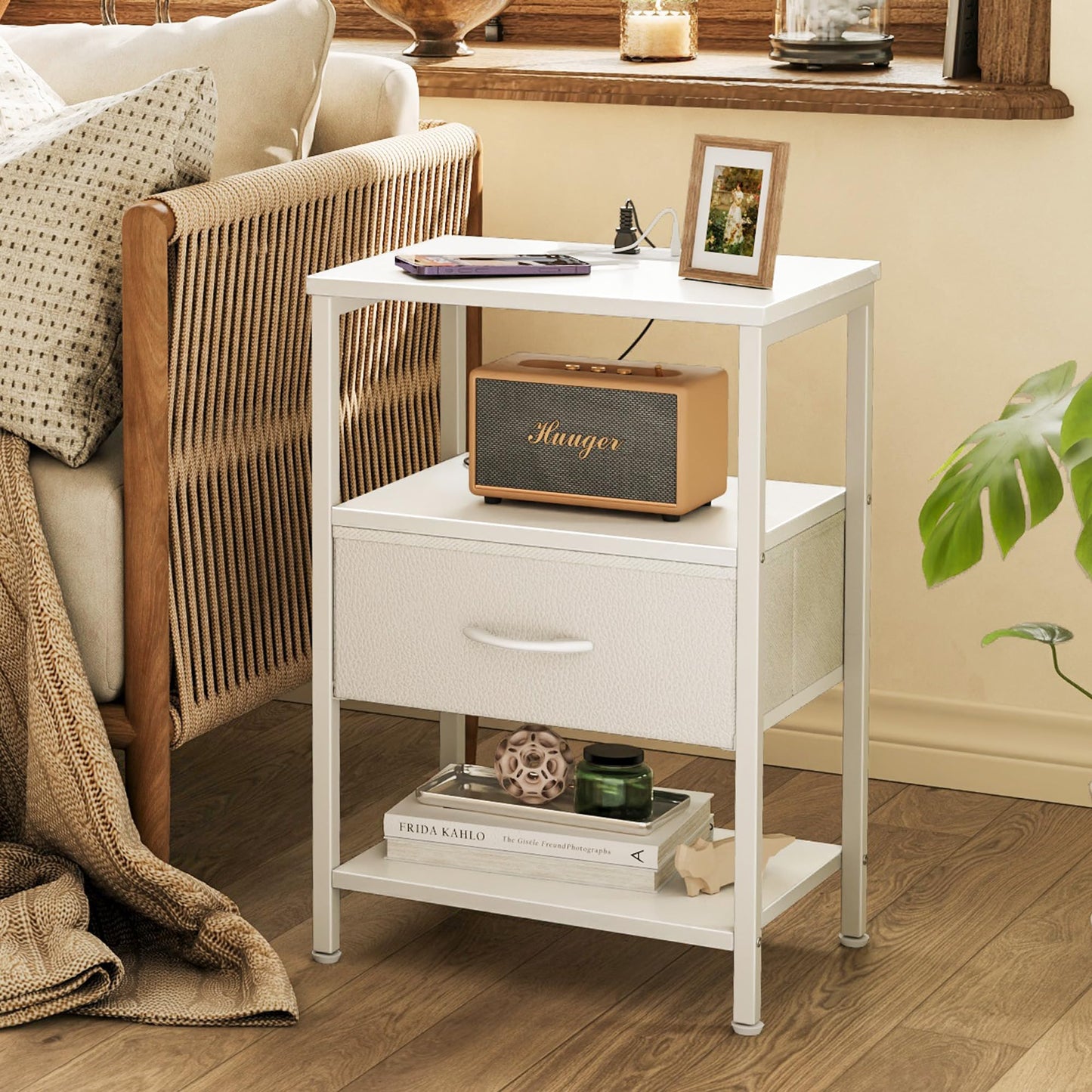 SUPERJARE Nightstand with Charging Station, Bed Side Table with Adjustable Fabric Drawer, Night Stand for Bedroom, 3-Tier Storage End Table, for Living Room, White