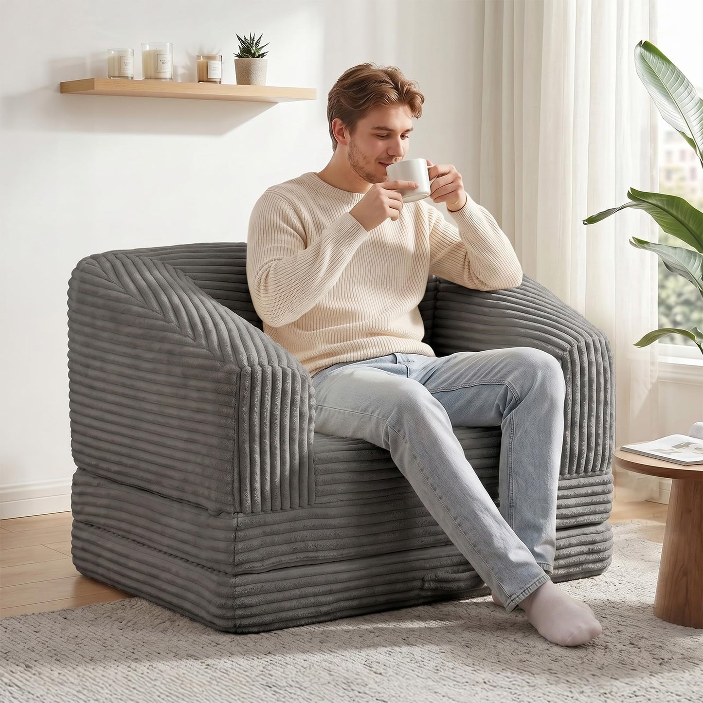 AOLVDOW Convertible Folding Sofa Bed, 2-in-1 Single Boneless Sofa with Soft Corduroy & Ultra-Thick Backrest, Foldable Boneless Chair Lounger Sleeper Sofa for Small Apartment, Living Room, Home Office