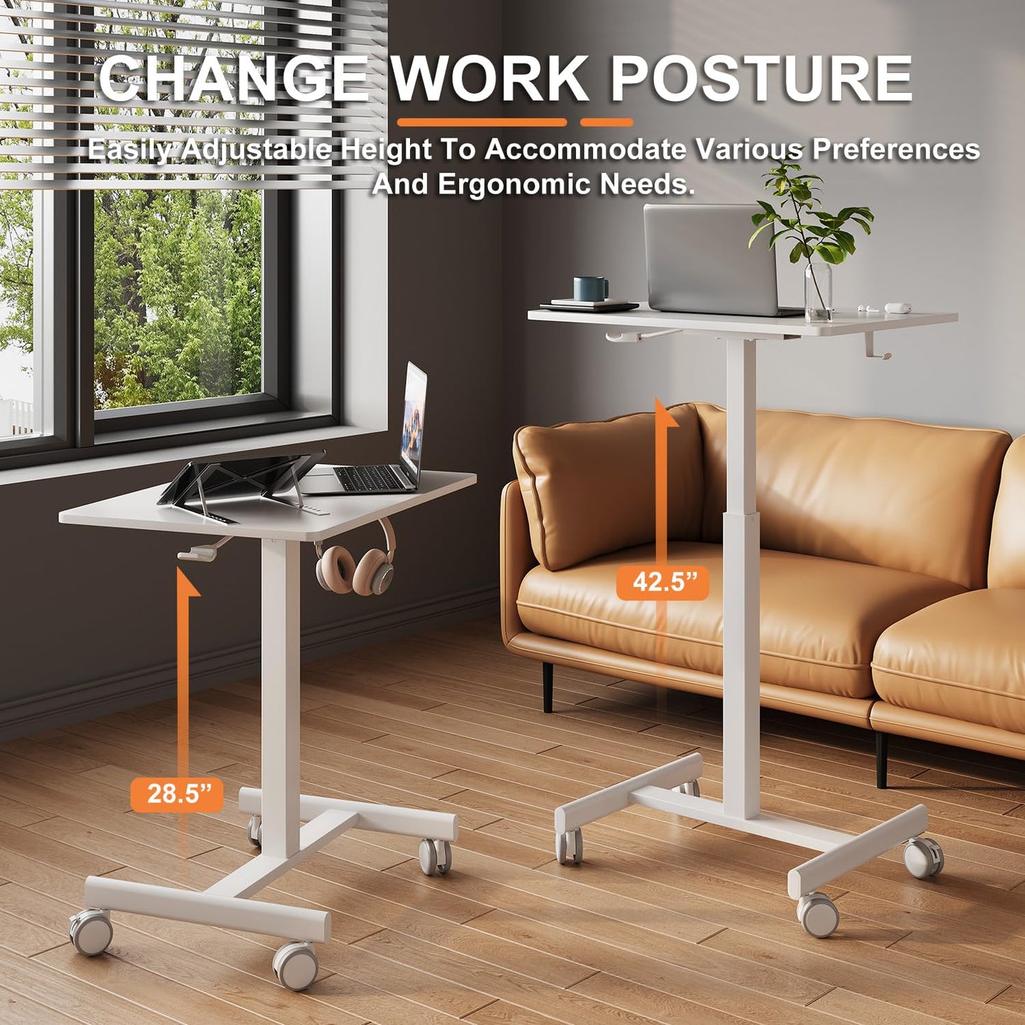 Gamork 18.9 * 25.6 inch Mobile Standing Desk,T Shaped Pneumatic Adjustable Height Stand Up Desk,with Lockable Wheels,Ergonomic Standing Side Table for Home Office Work Computer Workstation White