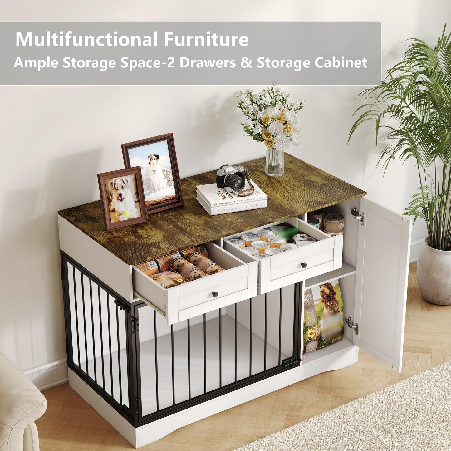 47'' Farmhouse Dog Crate Furniture & TV Stand with Double Doors, Modern Indoor Kennel Dog Cage Buffet Cabinet Side End Table with 2 Drawers and Storage Cabinet for Small Medium Dogs Pet House