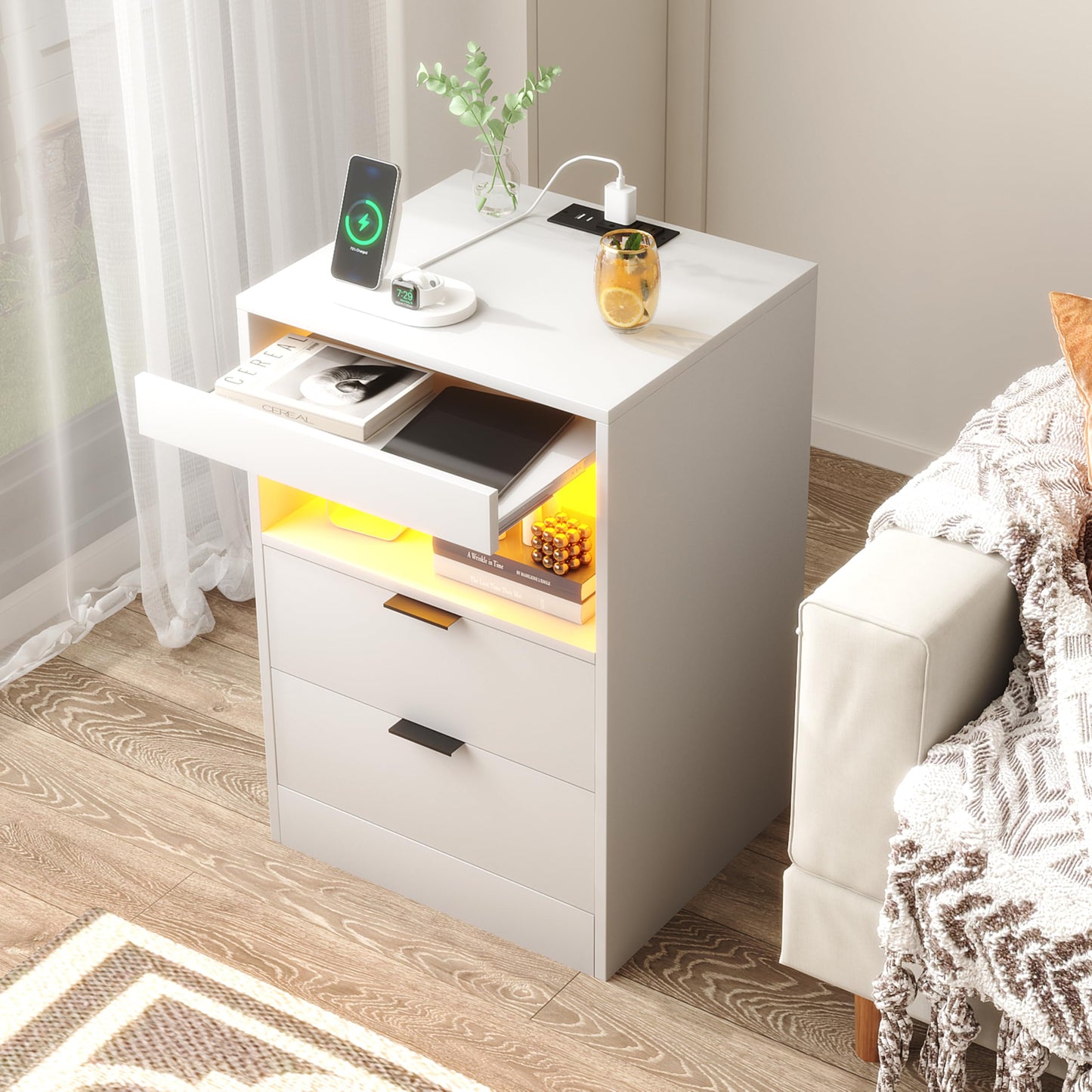 Yusong Night Stand, Bedside Table, LED Nightstand with Charging Station, Modern Night Stand, Wood Sofa Couch End Side Table with 2 Pull-Out Shelf (White 001)