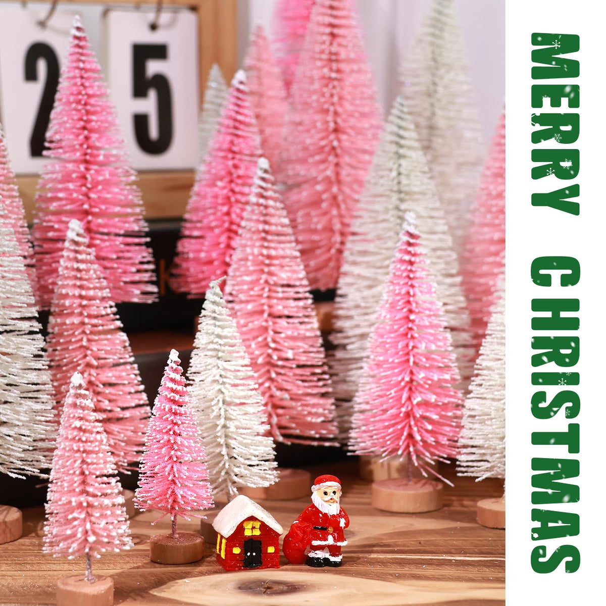 30Pcs Mini Christmas Trees Artificial Christmas Tree Bottle Brush Trees with Wooden Base for Christmas Decor Christmas Party Home Table Craft Decorations(Pink+White)