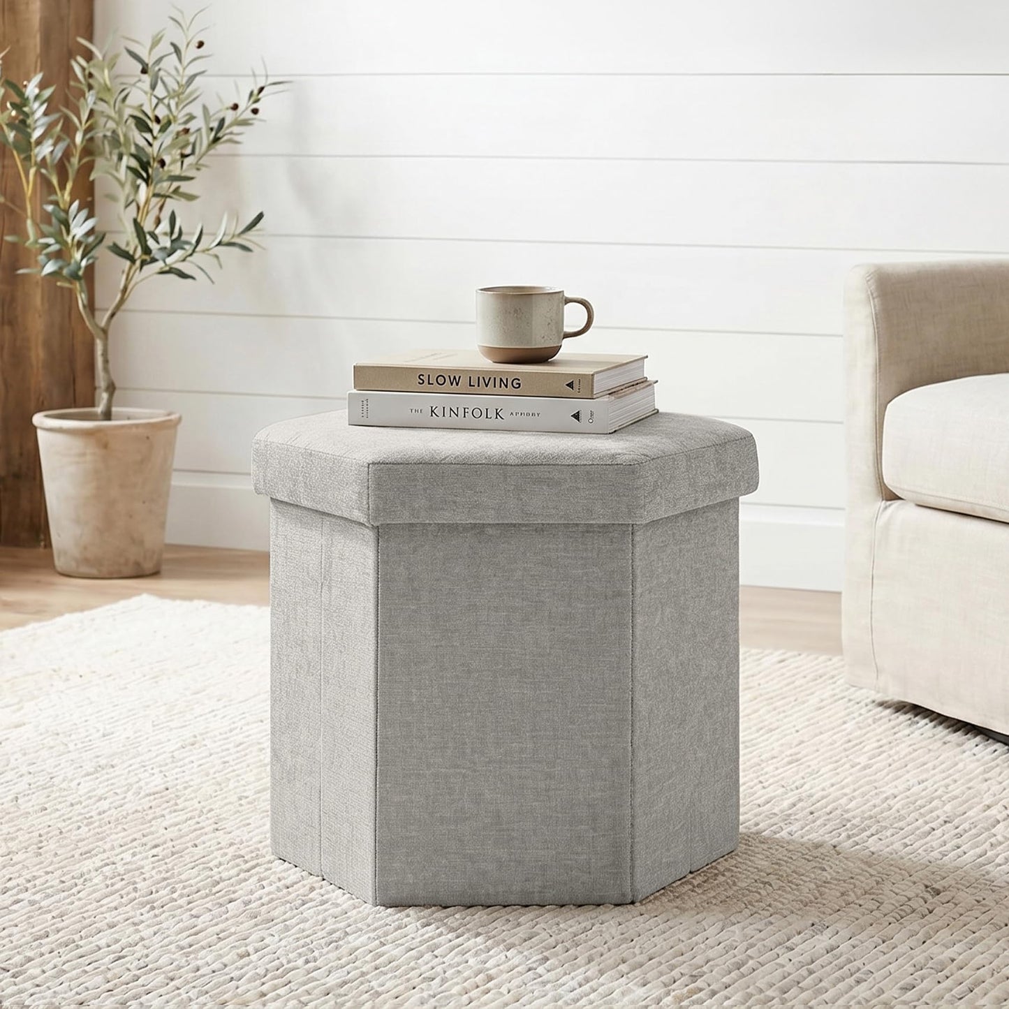 ZOLANOful Hexagon Storage Ottoman, Foldable Chenille FootRest with Hidden Storage, Small Ottoman Footstool for Living Room, Bedroom, Dorm, Entryway, 15 x 16.9 x 15 Inches, White