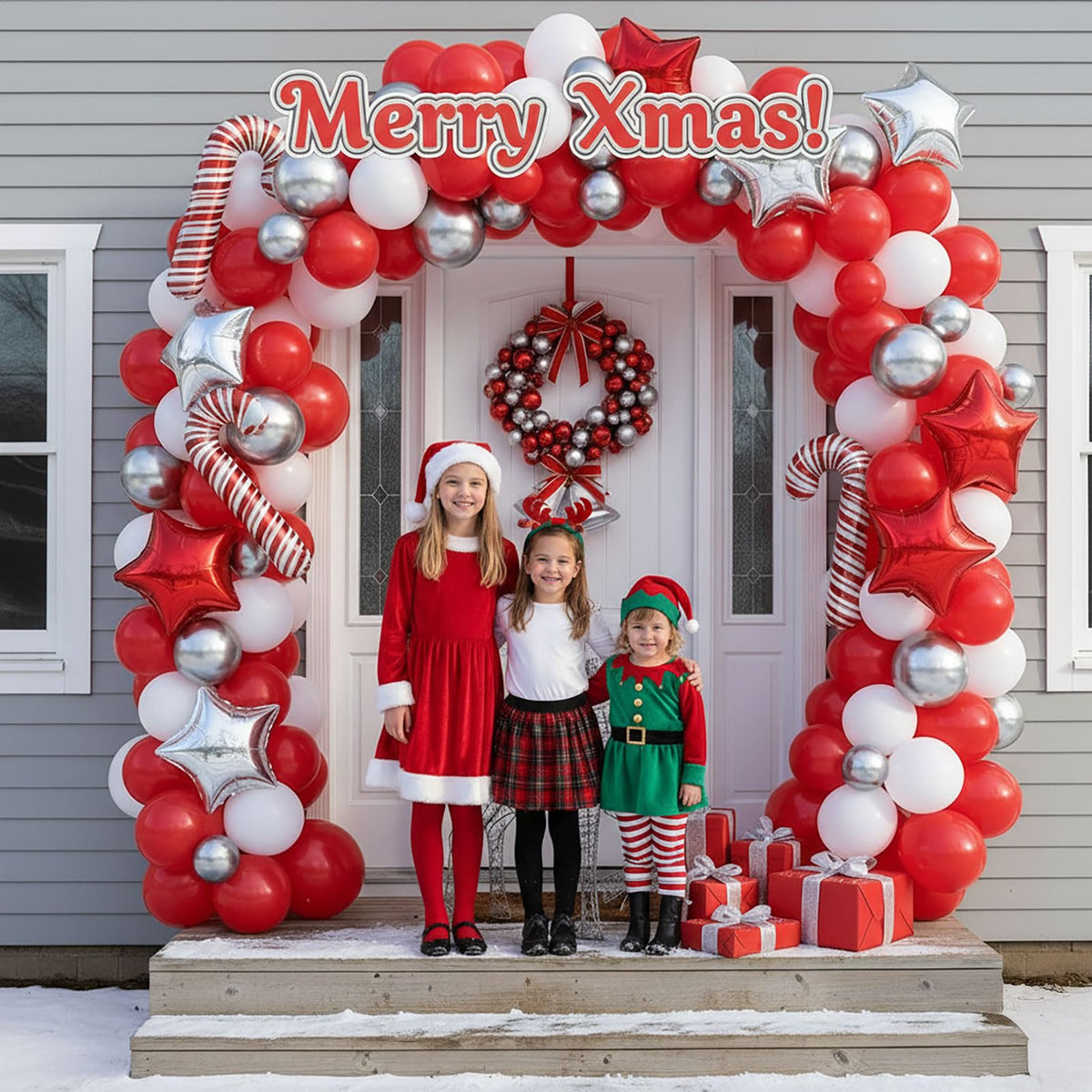 Red Christmas Party Decorations with Balloon Garland Arch Kit & Red White Silver Cane Candy Explosion Star Foil Balloons for Winter Xmas New Year eve Birthday Decorations