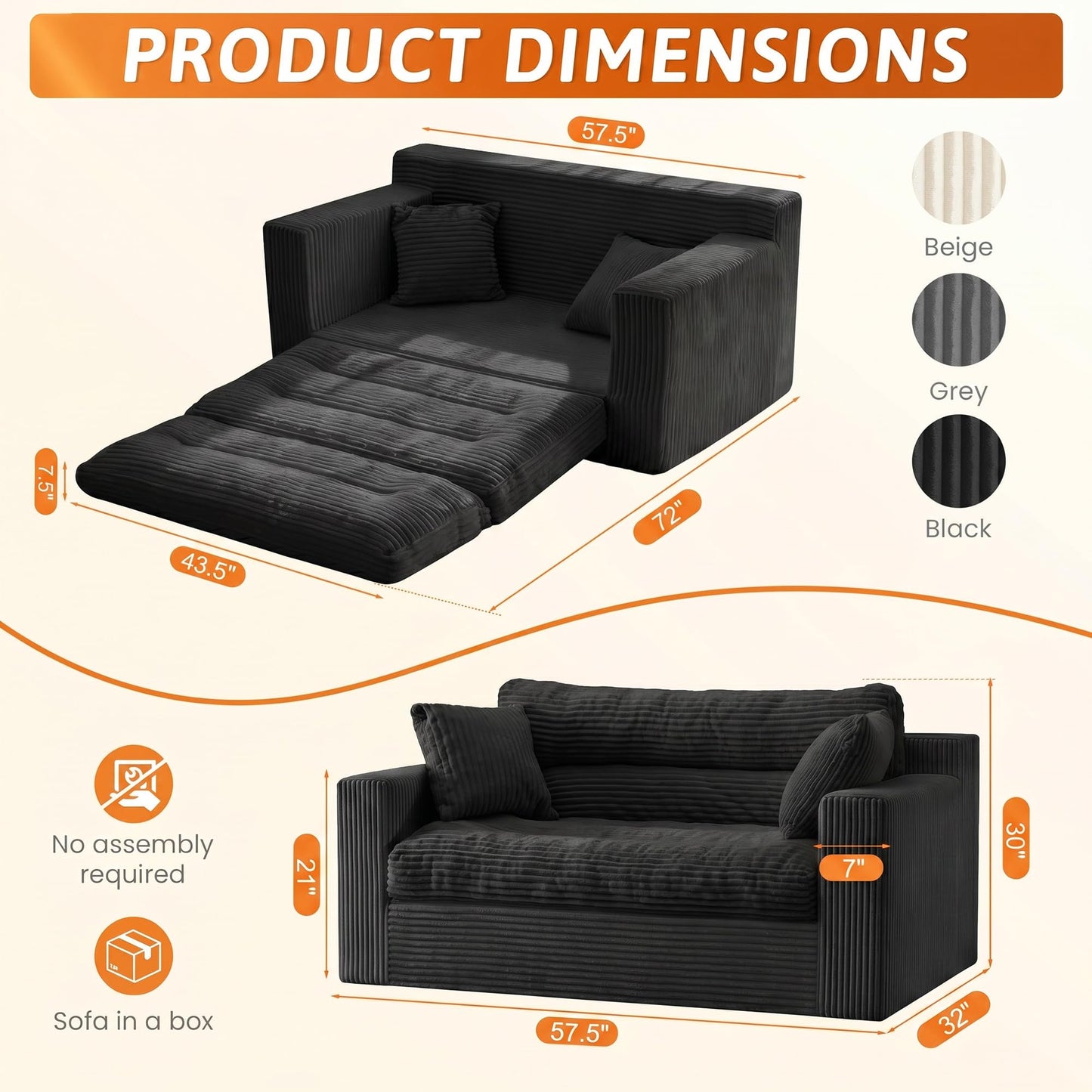 Erament Boneless Loveseat Sofa Couch, 2 in 1 Convertible Sofa Bed with Pillows, Fold Out Bean Bag Chair Boneless Floor Couch for Living Room Bedroom Office Lounge Apartment, No Assembly Needed, Black