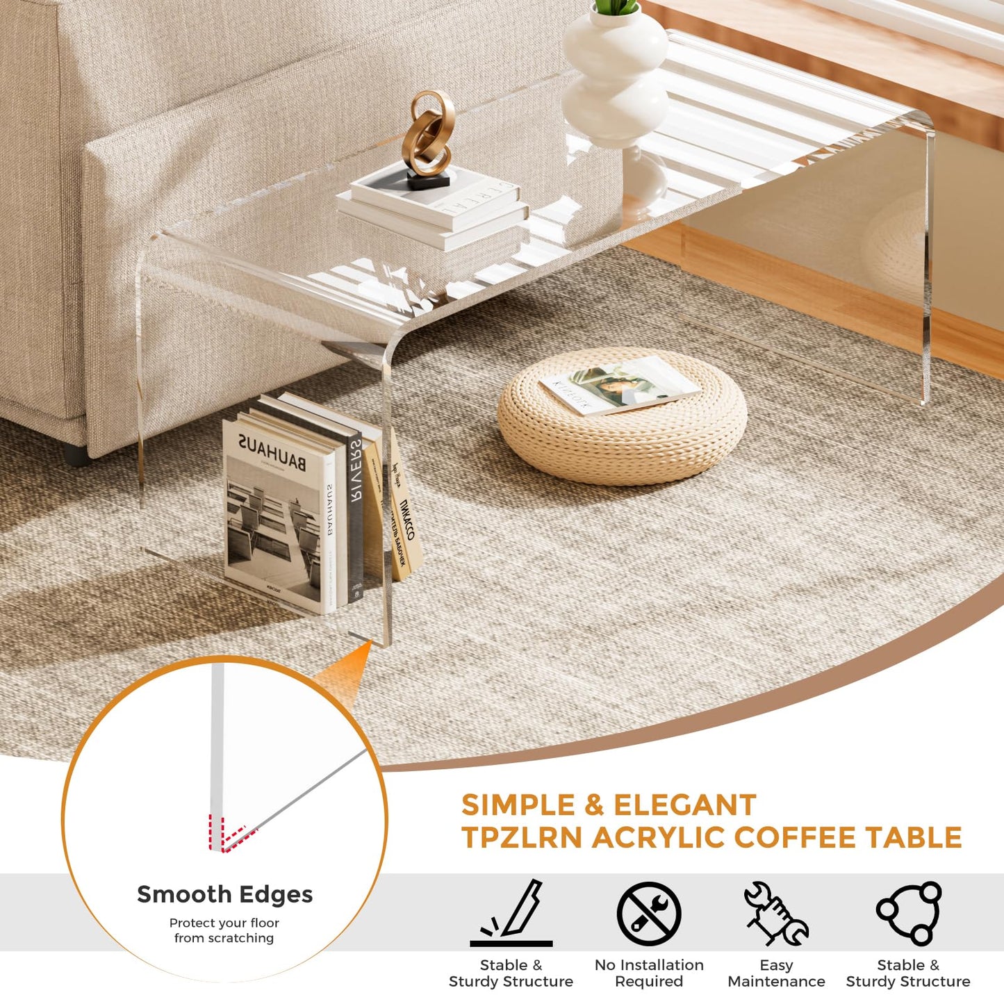 TPZLRN Premium Acrylic Coffee Table, 40" D x 16" W x 16" H Modern Clear Coffee Table, 0.6'' Thick Rectangle Waterfall Table for Living Room, Office, Hotel, Showroom, Transparent