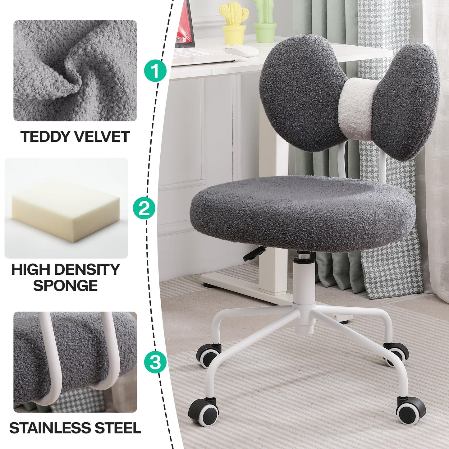Shiepu Cute Desk Chair with Back,Comfy Small Office Chair with Wheels, Armless Adjustable Rolling Swivel Computer Chair for Home Office,Make-up Room,Bedroom,Vanity Chair for Girls,Teddy Velve,Grey