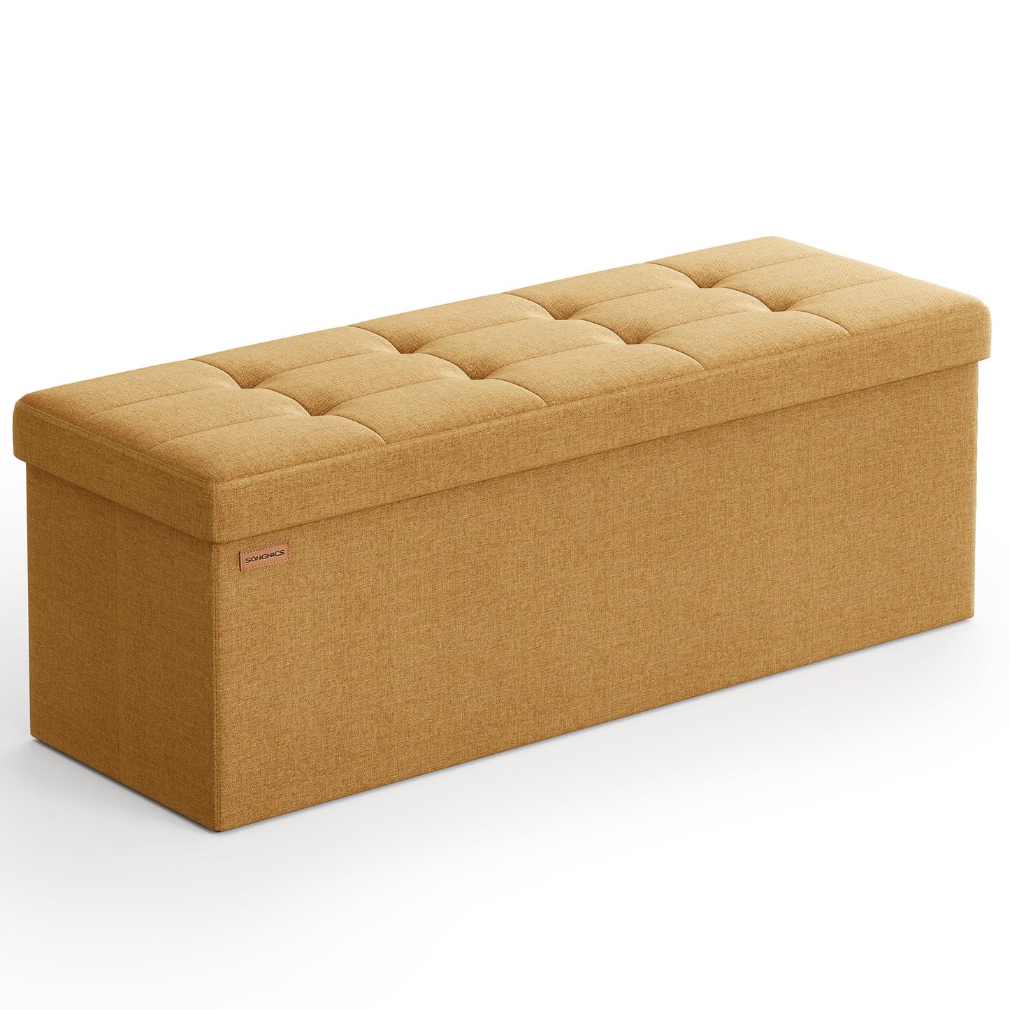SONGMICS Mazie Collection - Storage Ottoman Bench, 43 Inches Folding Foot Rest Stool, End of Bed Bench, Easy Assembly, for Living Room, Bedroom, Entryway, Ginger ULSF077K04