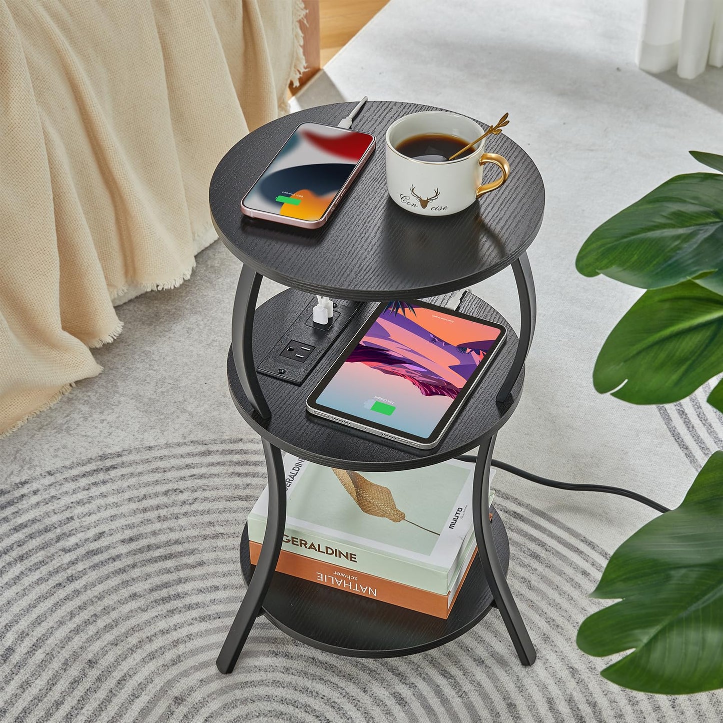 Small Round Side Table with Charging Station, 3-Tier Waist Circular End Table with Storage Shelf, Compact Tea Sofa Side Table Small Spaces, Round Corner Coffee Table for Living Room Bedroon,Black