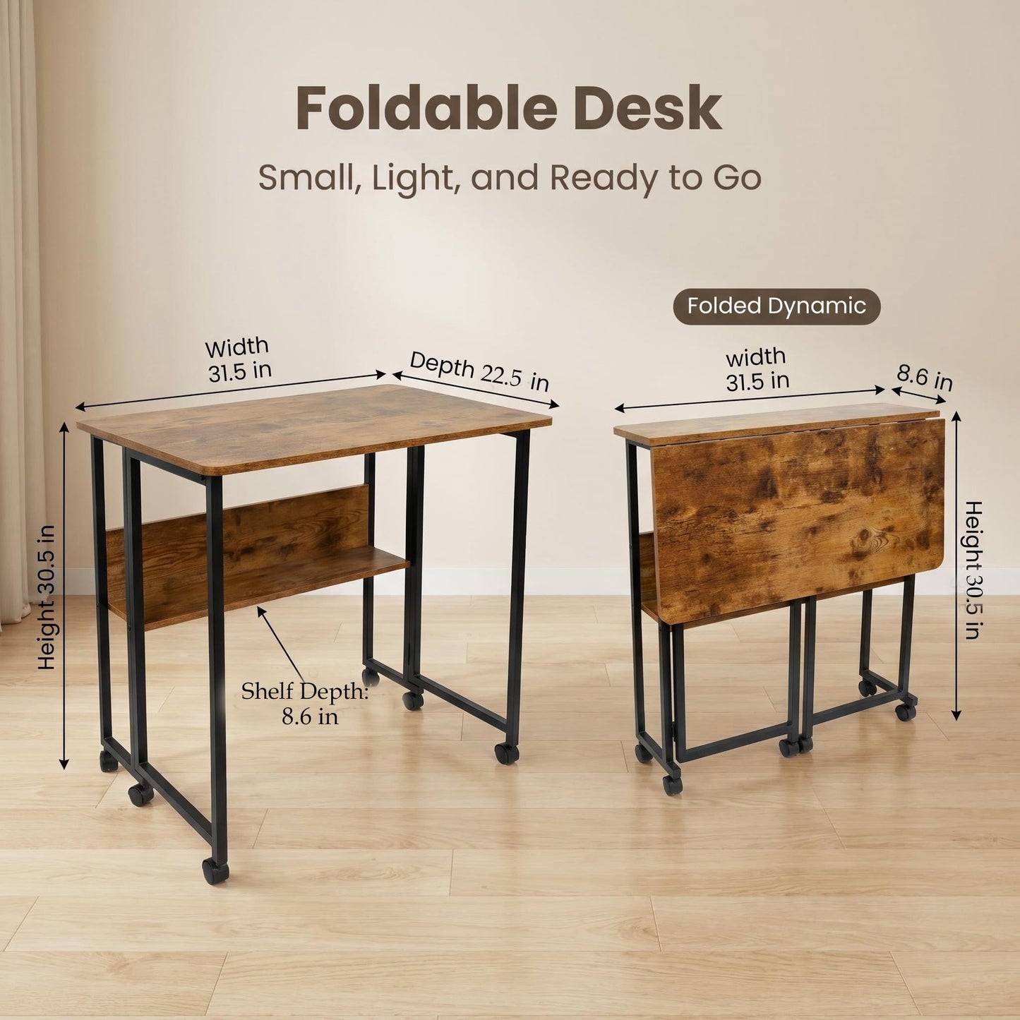 Windpost Mobile Foldable Desk w/Wheels and Feet Pads, Foldable Computer Desk, Folding Desk, Small Computer Desk for Small Spaces, Folding Table for Office Bedroom Living Room-Rustic Brown