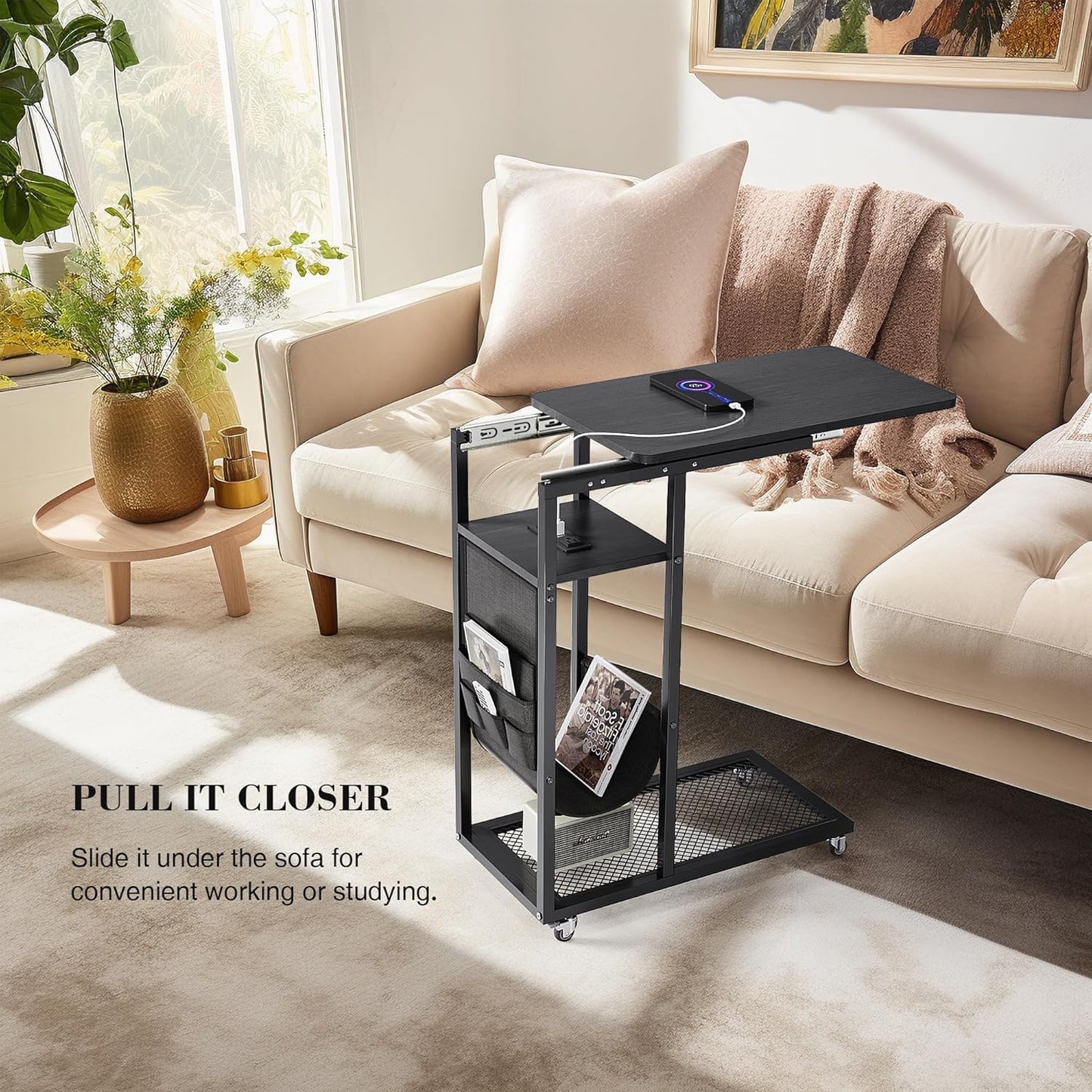 Colima C Shaped End Table with Charging Station (Black, Extra Large)