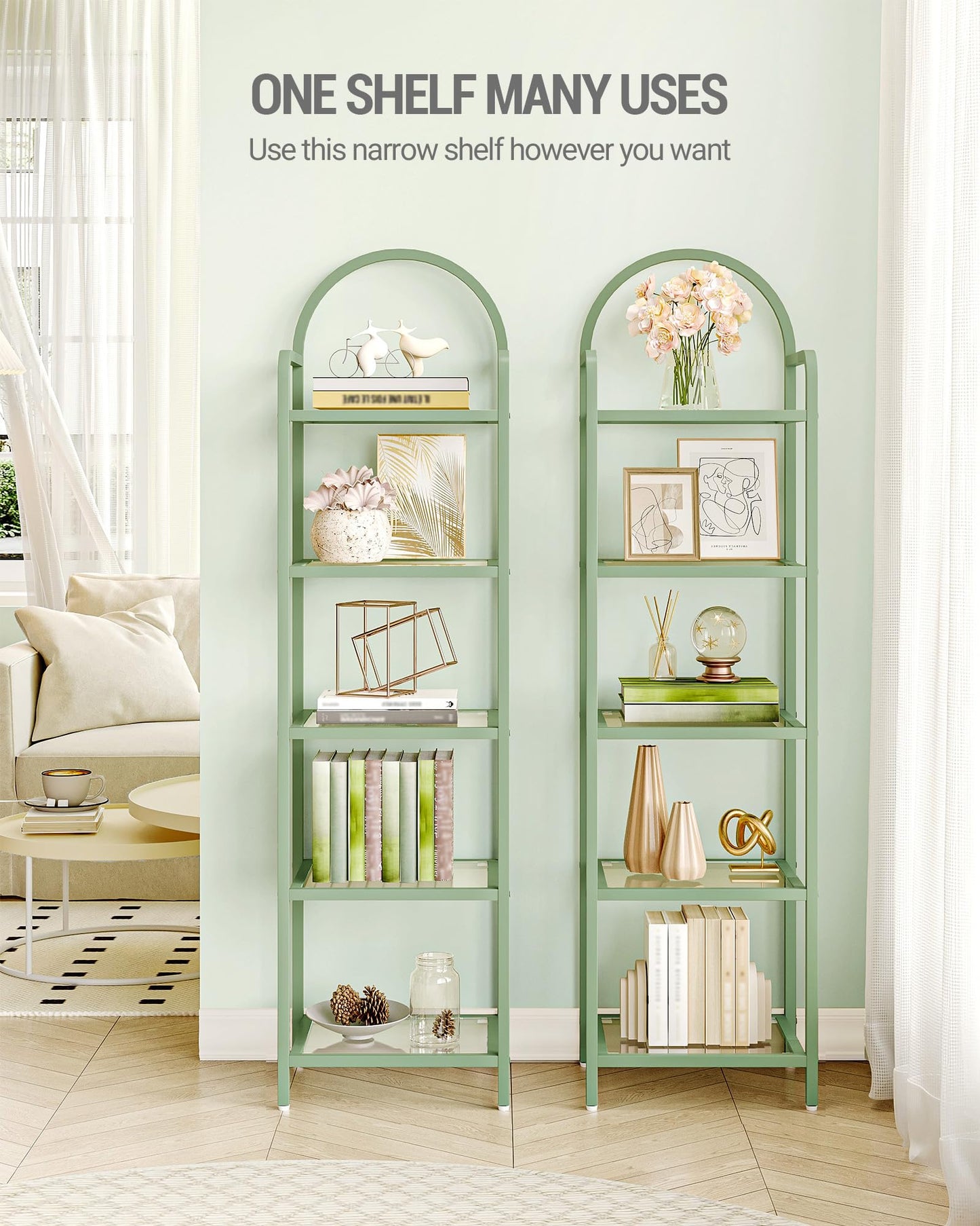 Hzuaneri Bookcase Bookshelf, Tempered Glass Bookshelves, Slim Shelving Unit for Bedroom, Bathroom, Home Office, Steel Frame, 5 Tier Green BC05099C