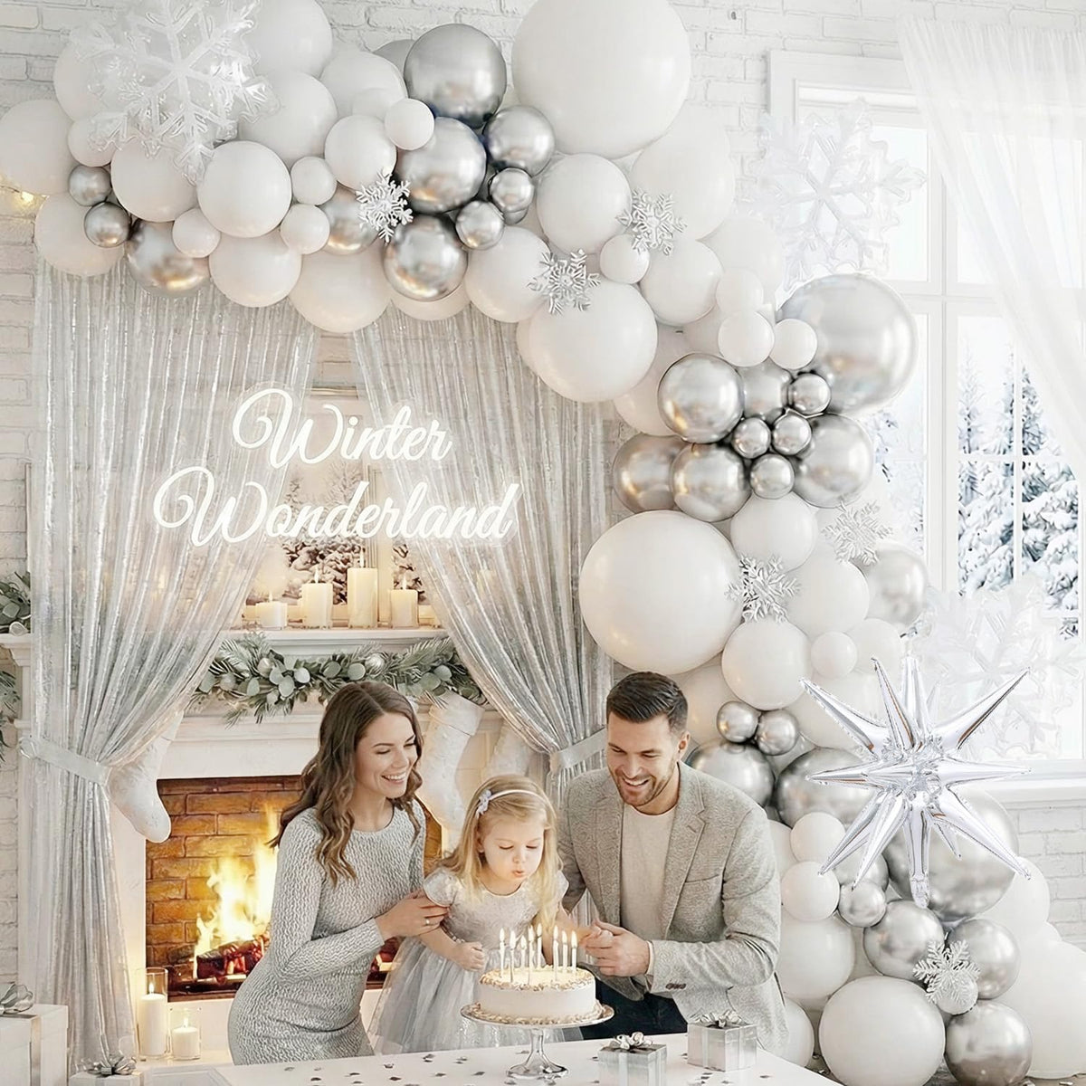 Metallic Silver and White Balloon Arch 128Pcs Winter Wonderland Snowflake Balloon Arch Perfect for Christmas Decor Snowman Birthday Parties, 2026 New Year Eve Party, Snowflake Party Decorations