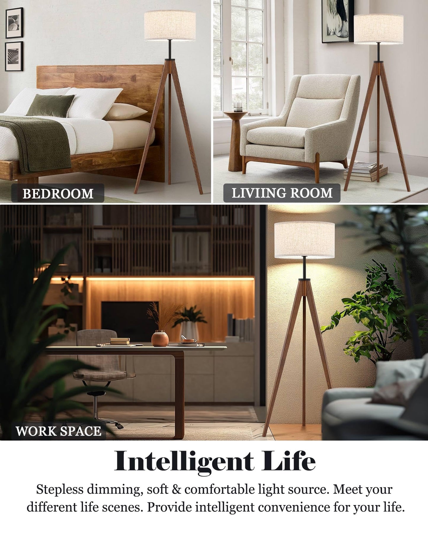 ELYONA Ash Wood Tripod Floor Lamp Stepless Dimmer & Color Temperature, Remote Control Mid Century Modern Coner Standing Lamp Linen Shade for Living Room Bedroom Office, LED Bulb Included, Walnut