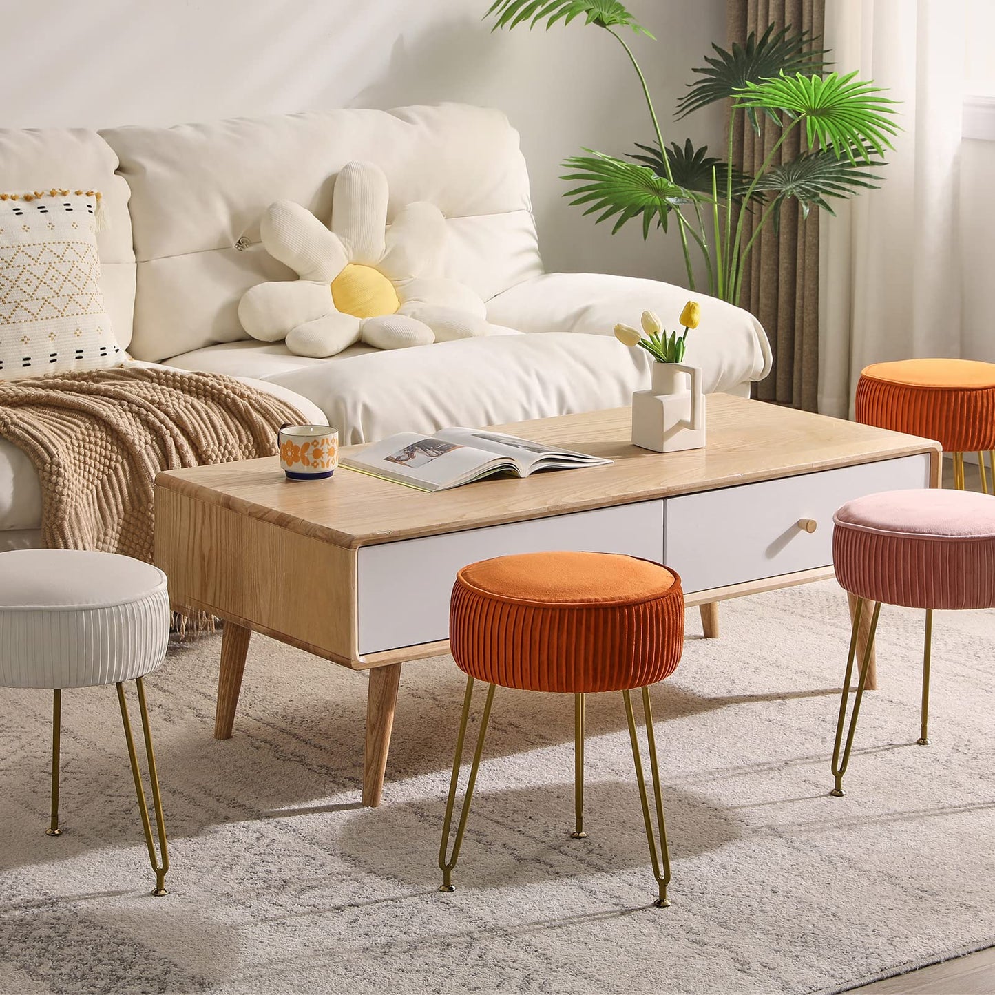 IBUYKE Velvet Vanity Stool Ottoman, Round Footrest Chair, Makeup Dressing Table Seat, Pouf Couch Stool, for Living Room, Golden Steel Legs, Pink LG-30P