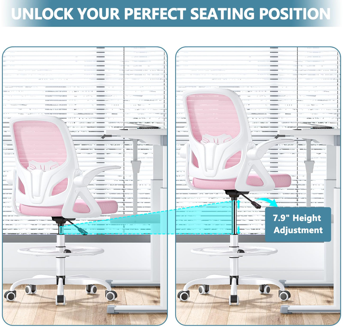 Kensaker Drafting Chair Tall Office Chair, Ergonomic Standing Desk Chair with Adjustable Foot Ring and Flip-up Armrests, Mesh Computer Chair for Art Studio, 300 LBS, Pink
