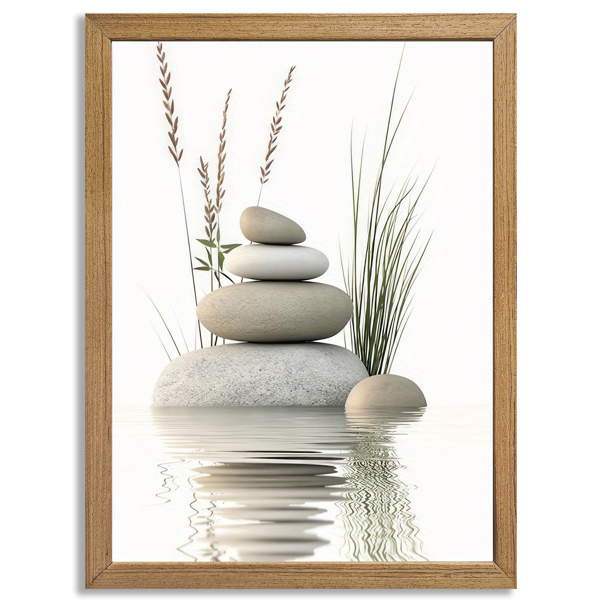 Calming Zen Stone Framed Wall Art - Serene Rock Balance with Water Reflection and Reeds, Natural Wood Frame Perfect for Bathroom, Spa, Living Roomor Meditation Decor 8''x10 Inch