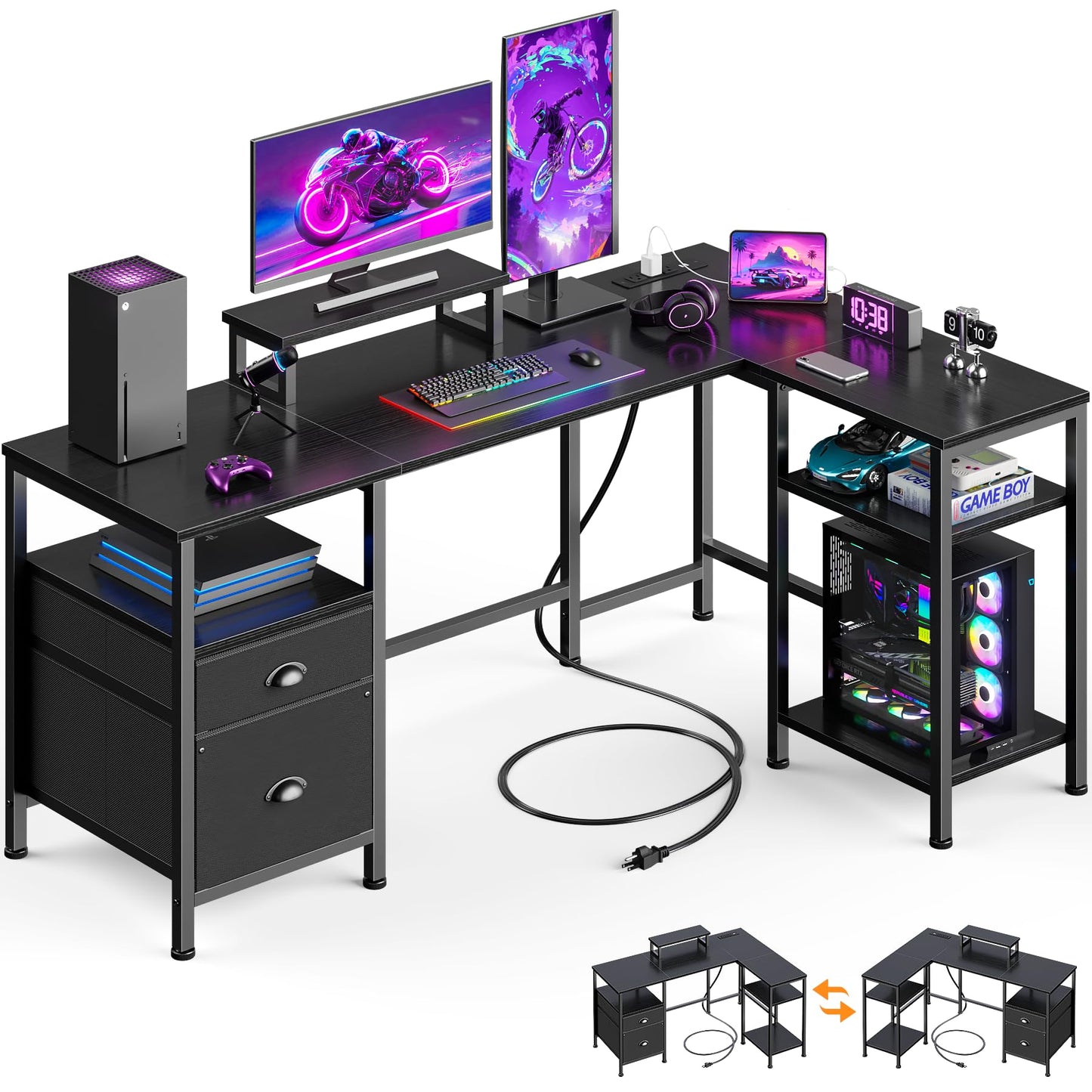 Furologee L Shaped Gaming Desk with Power Outlet, Corner Computer Desk for Home Office, Reversible 50 Inch Work Study Table with File Drawer, Monitor Stand, Storage Shelves, Black