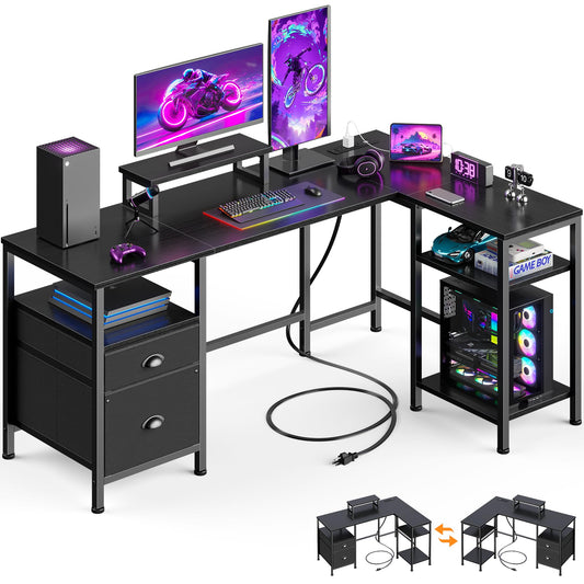 Furologee L Shaped Gaming Desk with Power Outlet, Corner Computer Desk for Home Office, Reversible 50 Inch Work Study Table with File Drawer, Monitor Stand, Storage Shelves, Black