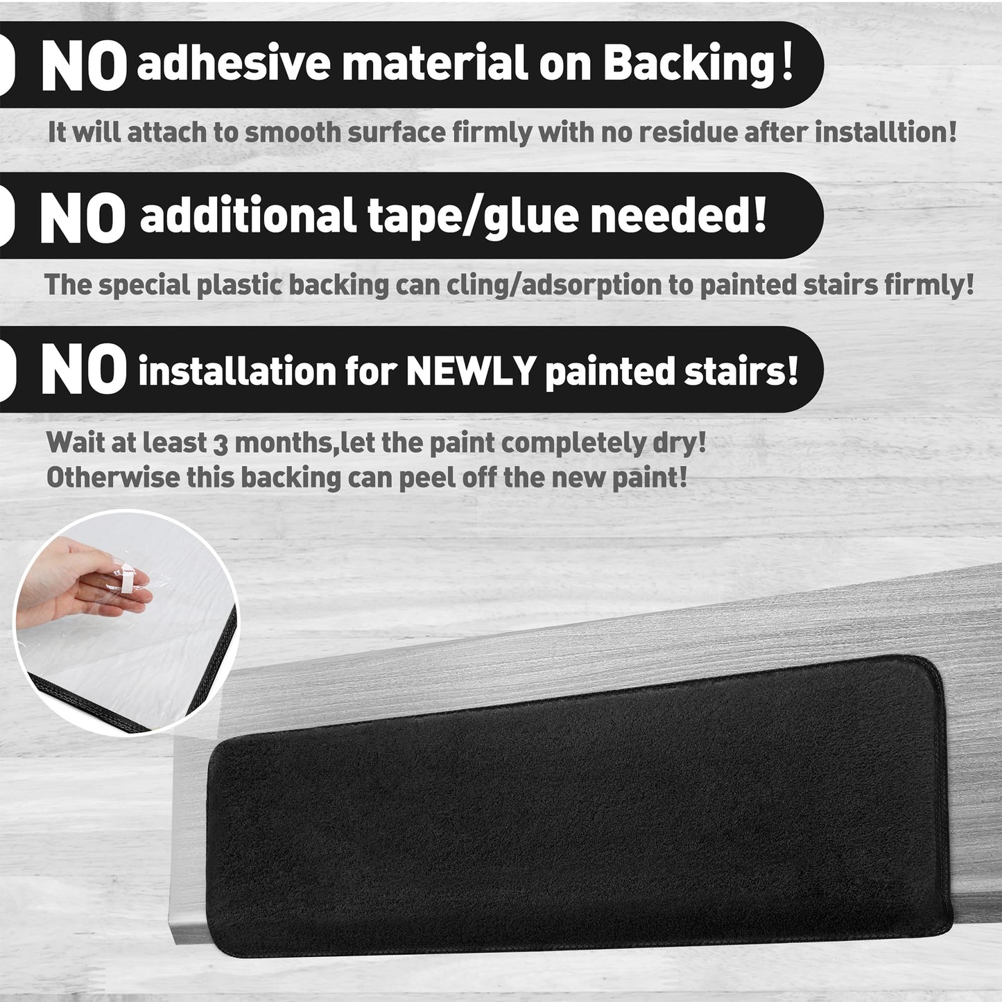 PURE ERA Carpet Stair Treads Ultra Plush 9.5" X 30"Soft Bullnose Indoor Stair Protectors Pet-Friendly Non-Slip Skid Resistant Tape Free Washable Reusable(2 Pieces,Black)