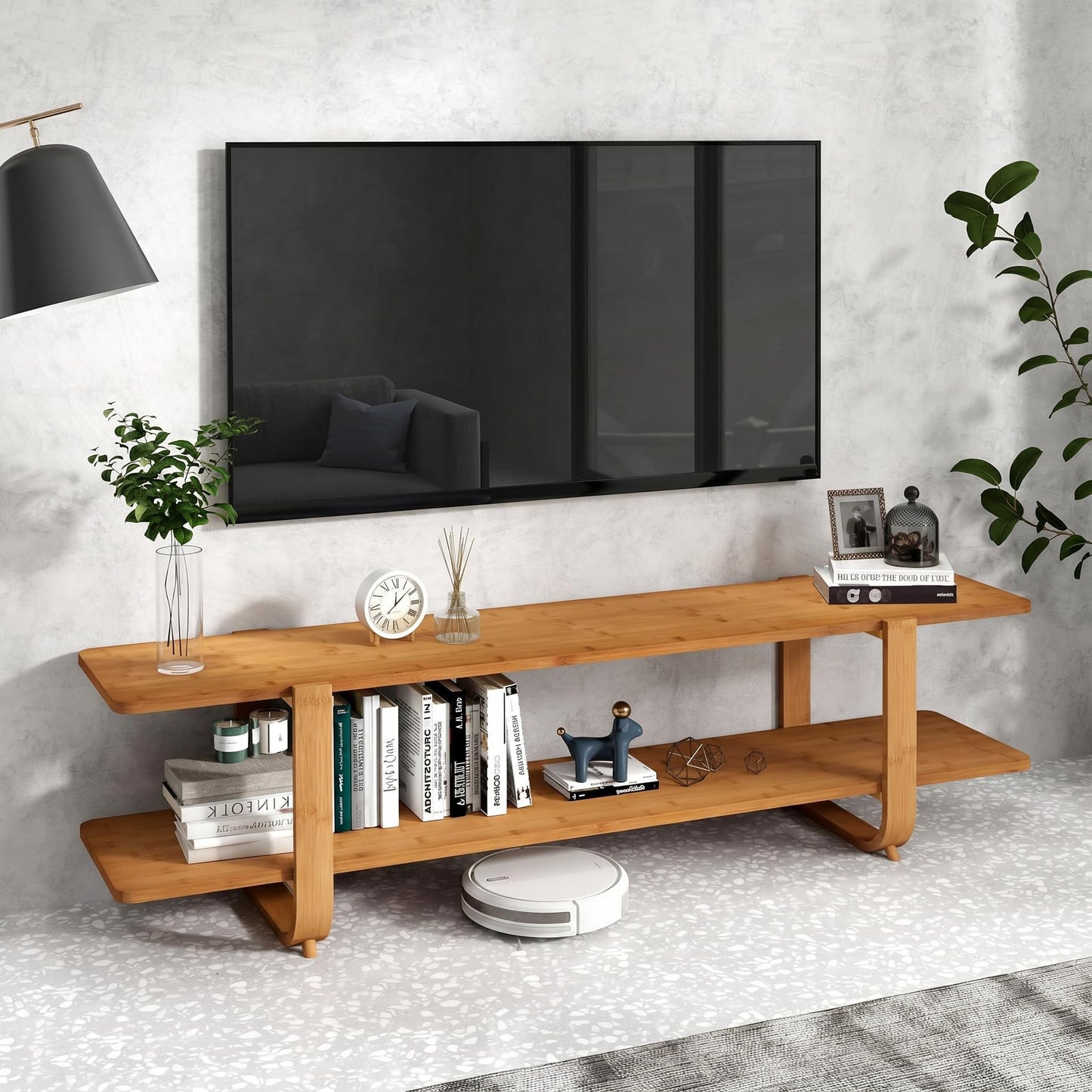 HollyHOME Bamboo TV Stand with Storage for TVs up to 65'', Modern Entertainment Center with 2 Open Shelf, Accent TV Media Console Table for Living Room, Bedroom, 55"(L), Walnut