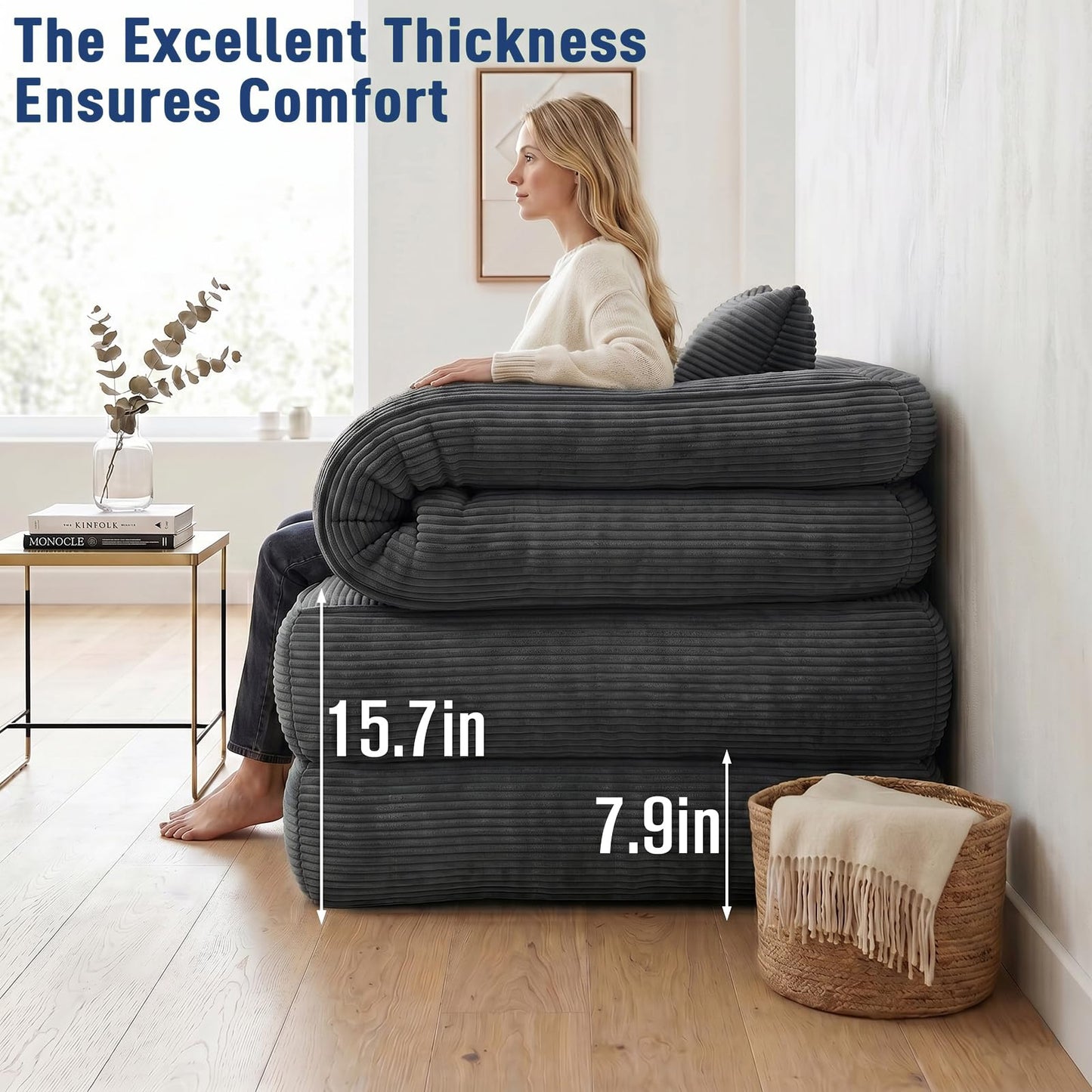 COTOSOF Folding Sofa Bed, Convertible Sleeper Chair with Armrests for Adults, Foldable Corduroy Boneless Bed, 3-in-1 Portable Futon Couch Floor Sofa with Pillow for Bedroom, Living Room, Dark Gray