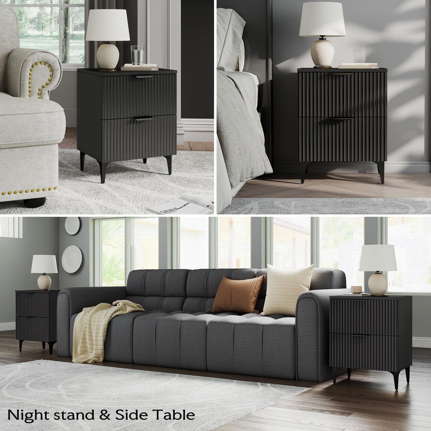 SUNWAVE Black Fluted Nightstand Set of 2, Modern Night Stands with 2 Drawers, Bedside Table for Twin/Full/Queen Bed, End Table with Robot-Friendly Metal Legs for Bedroom, Living Room