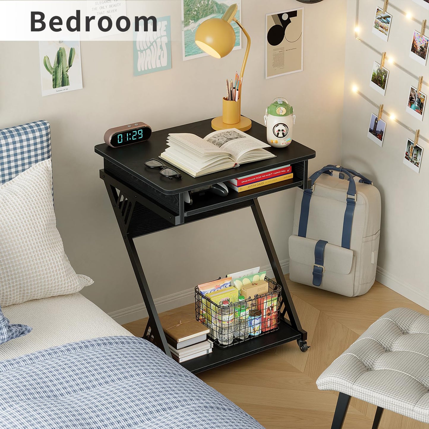ALISENED Computer Desk for Small Spaces,23.6" Z-Shaped Compact Study Table with Smooth Keyboard Tray,with Wheels and Bottom Shelves for Home Office，Computer Cart Mobile Laptop Cart