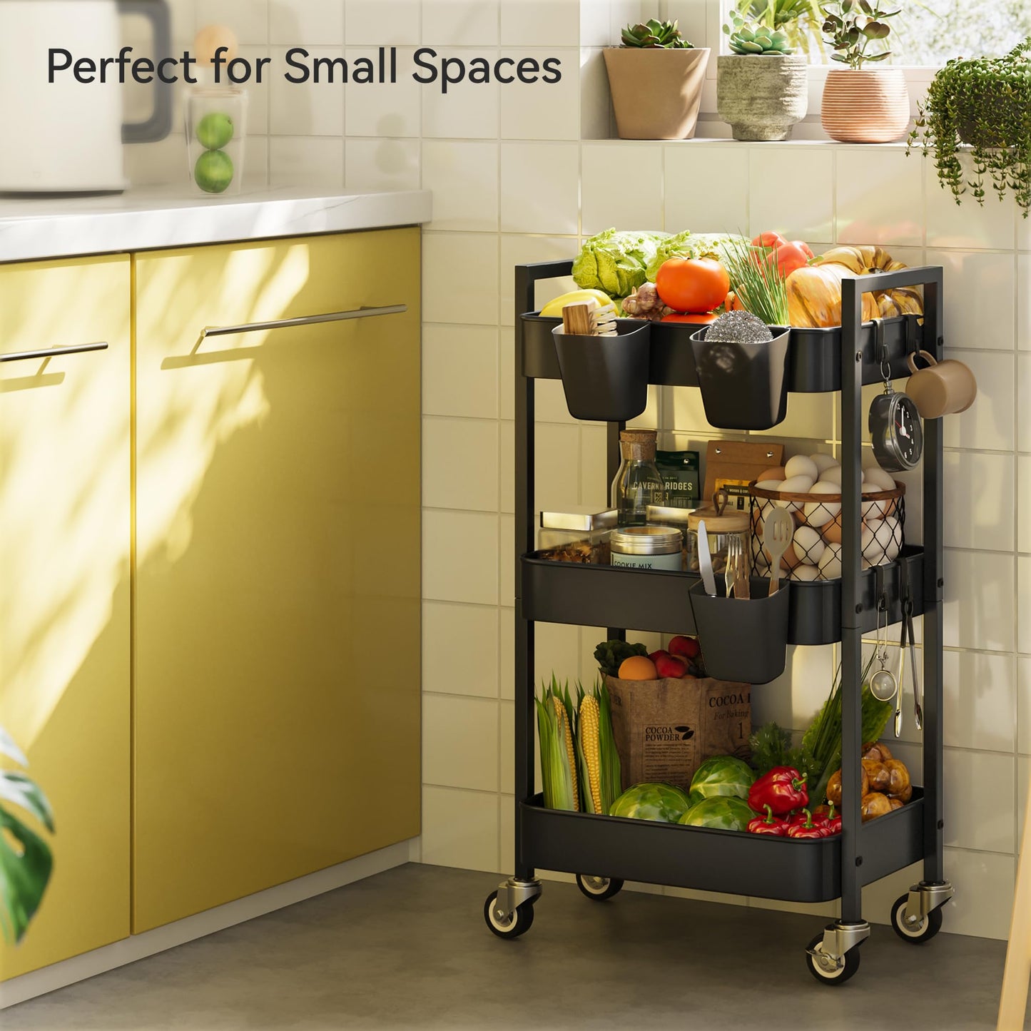 Nunsino 3 Tier Rolling Cart,Utility Cart with Locking Wheels, Hanging Cups & Hooks, Heavy Duty Metal Storage Organizer Cart for Kitchen,Office, Bathroom,Craft Room,Black